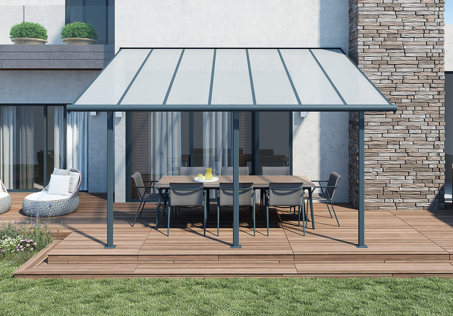 Palram Canopia Sierra Patio Veranda 3x4.25 Garden Canopy - Aluminum Lean to Pergola (3x4.25, Grey)
