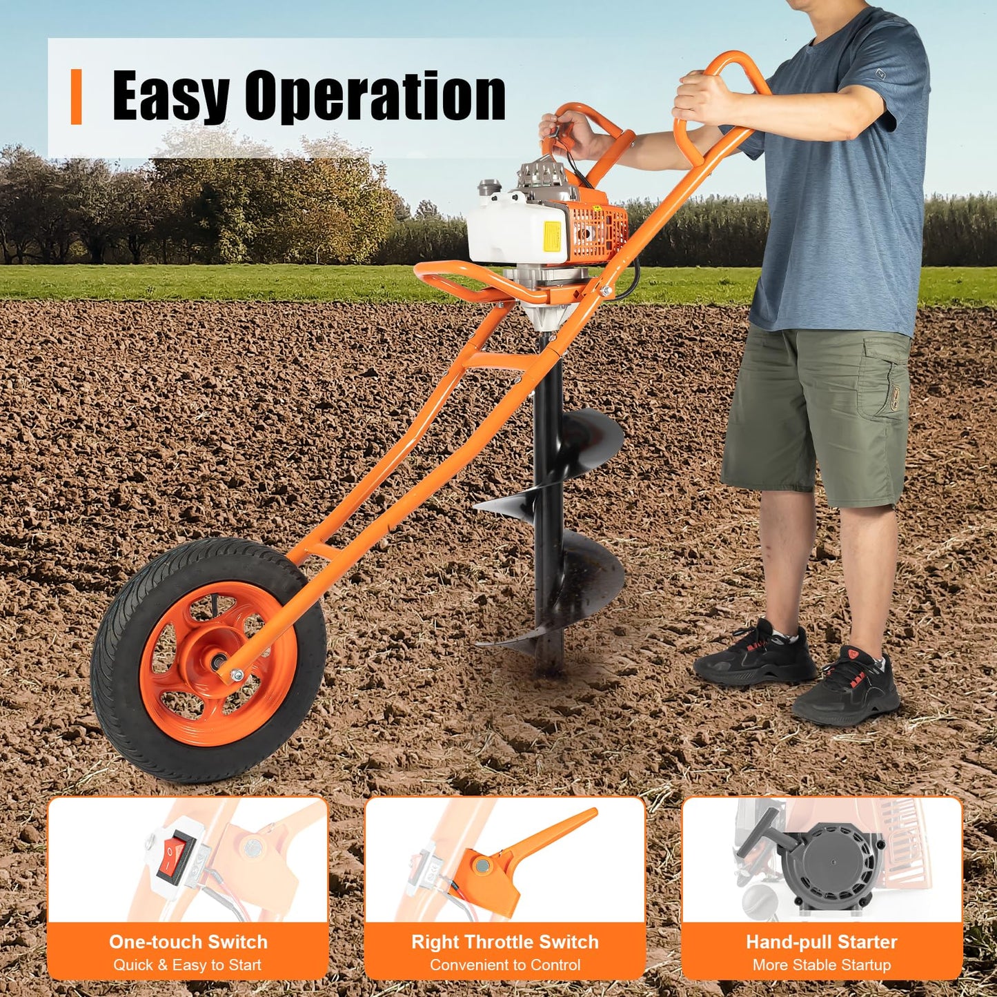 MEHOOSPVN 63cc 2-Stroke Petrol Earth Drill Fence Post Ground Hole Drill 3HP -11" Drill Bit Earth Auger Borer Ground Drill cart excavator w/1200ml fuel tank Garden Auger Hole Petrol Hole Digger Orange