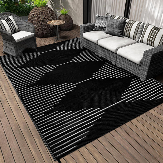 Falflor 150x245cm Outdoor Rug for Patios Waterproof Reversible Garden Rugs Plastic Picnic Blanket Indoor Outdoor Rug Floor Carpet for RV Backyard Beach Picnic Balcony(Black)