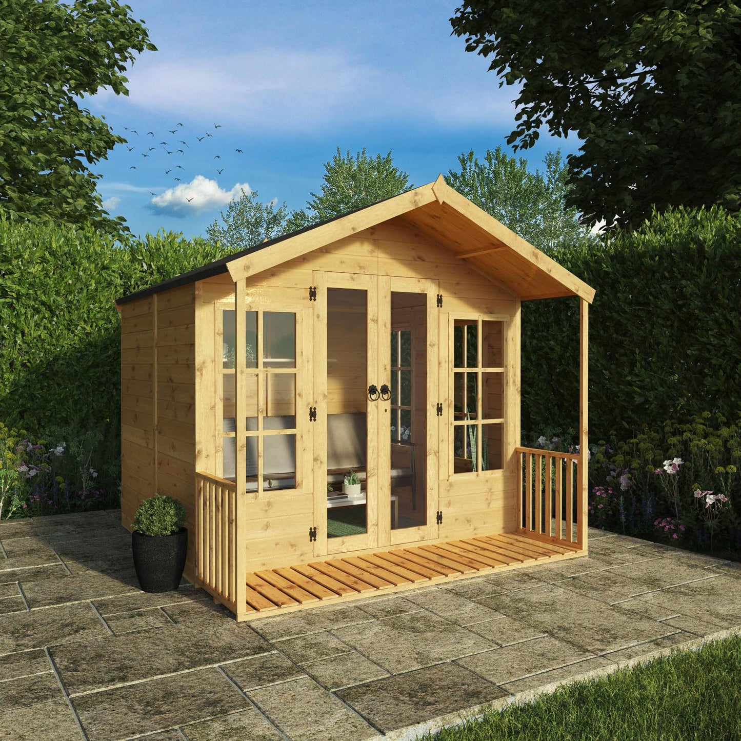 WALTONS | 8 x 8 Wessex Summerhouse with Veranda | Apex Roof | 12mm Shiplap Tongue and Groove | Wooden Garden Room Summerhouse | 10 Year Anti Rot Guarantee | 8 x 8 | 8ft 8ft |