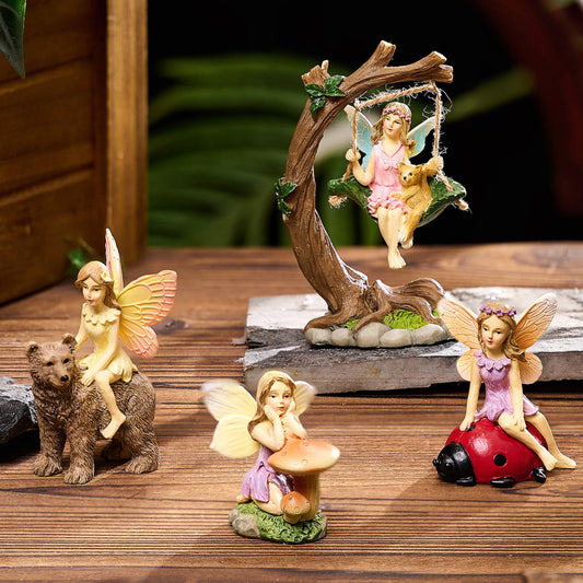 TERESA'S COLLECTIONS Garden Ornaments Outdoor, Set of 5, Cute Fairies Statues, Waterproof Resin Fairy Garden Accessories, Fairy Gifts Ornaments, Indoor Outdoor