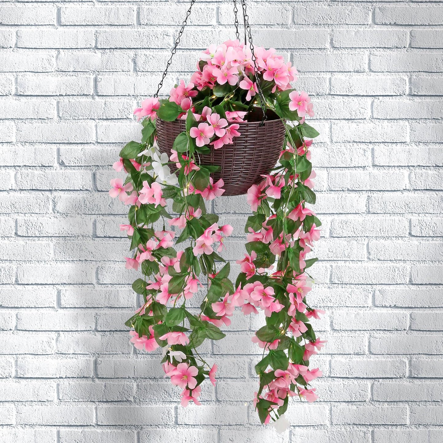 Taylor & Brown Solar Powered Artificial Floral Outdoor Hanging Basket With 80 LED's Brown Rattan Effect Planter for Patio Lawn Garden Landscape Décor with Chain