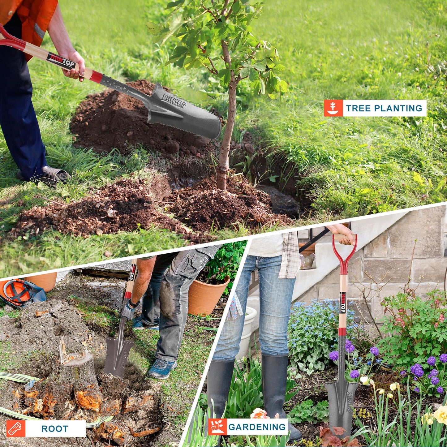 HANTOP Digging Spade Shovel Drain Spade Square Point Shovel Transplanting Spade Trenching Shovel, 44 inches