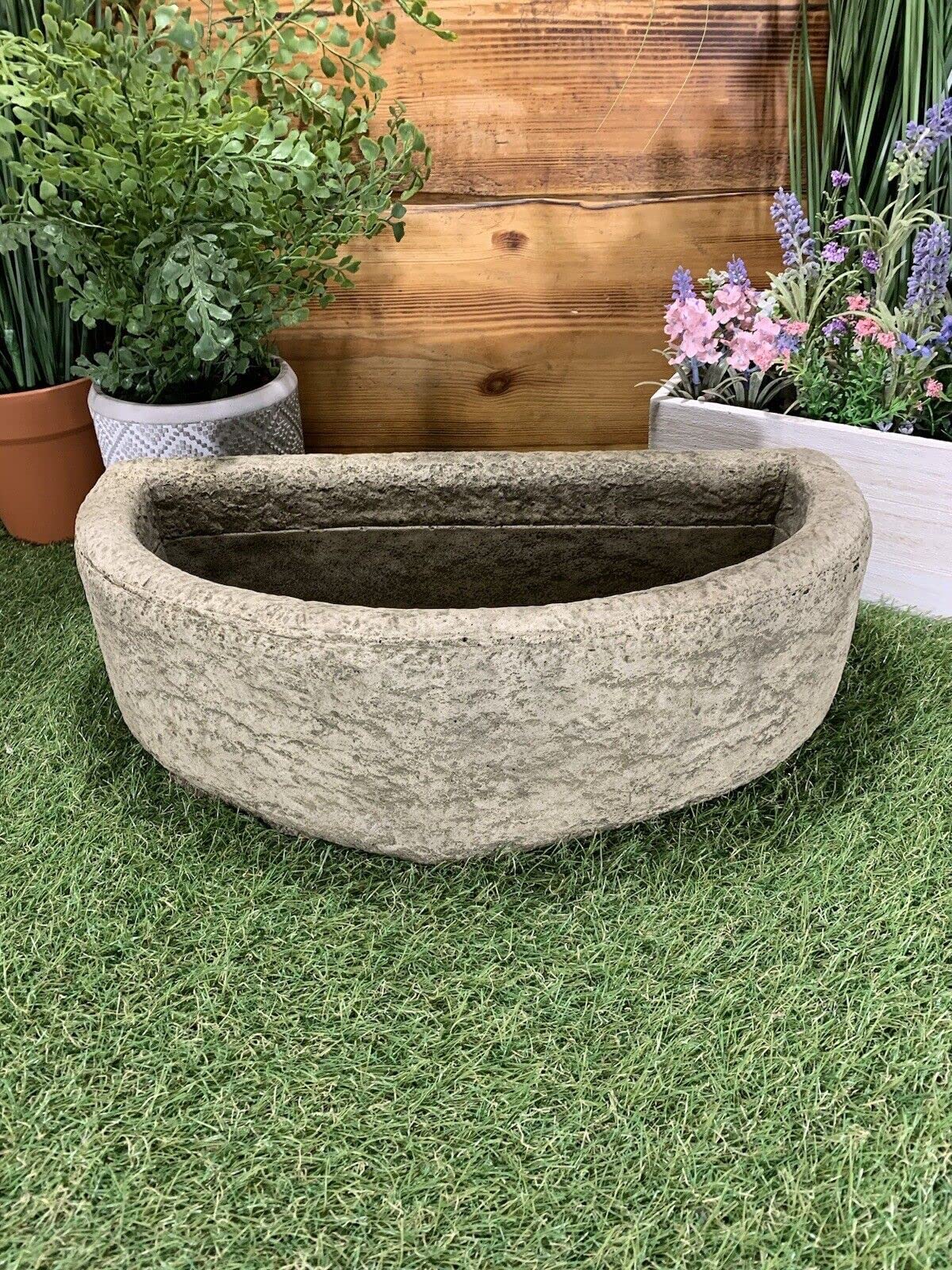 Zewool Semicircular Stone Half Circle Planter Pot Ornament, Antique Gray, 16" x 8" x 5.5", Outdoor, Garden Style