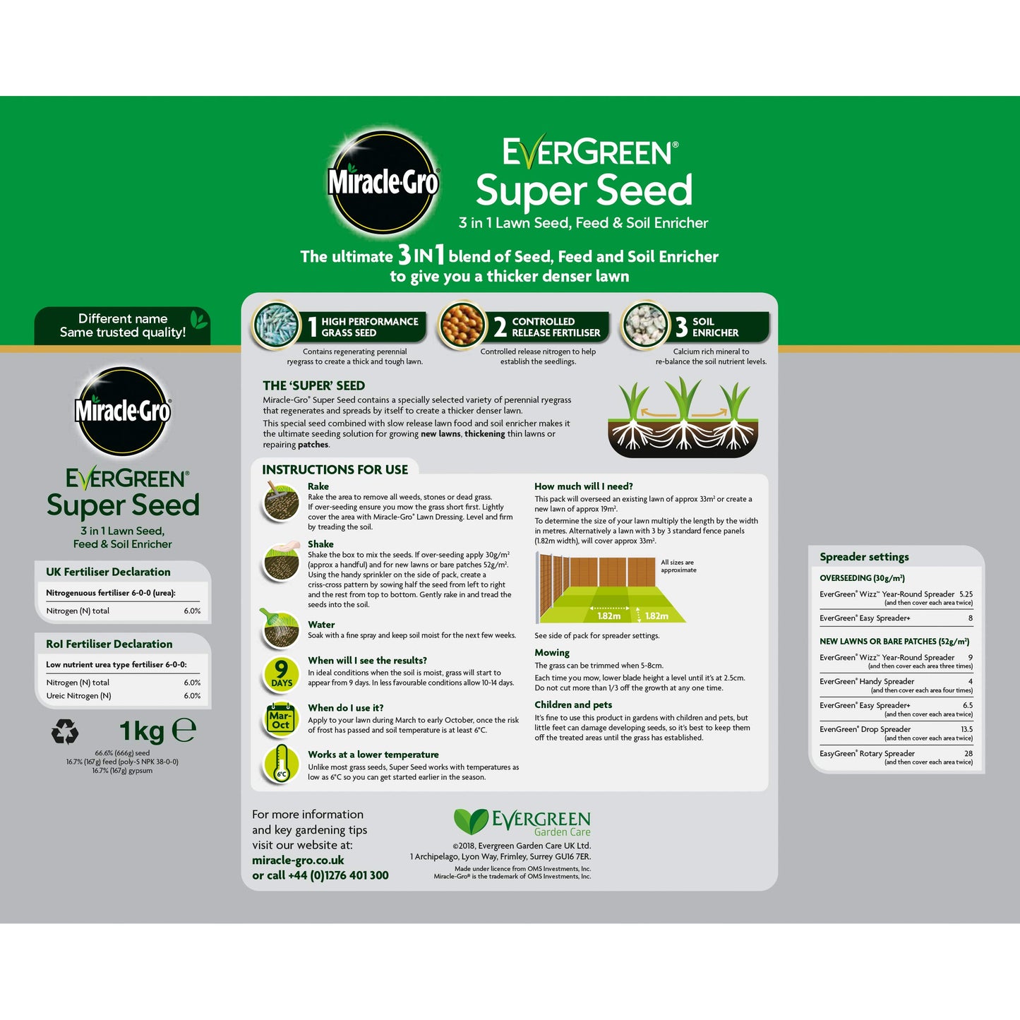 Miracle-Gro 119457 EverGreen Super Seed lawn Seed 1 kg - 33 m2, 3 in 1 Lawn Seed, Feed & Soil Enricher