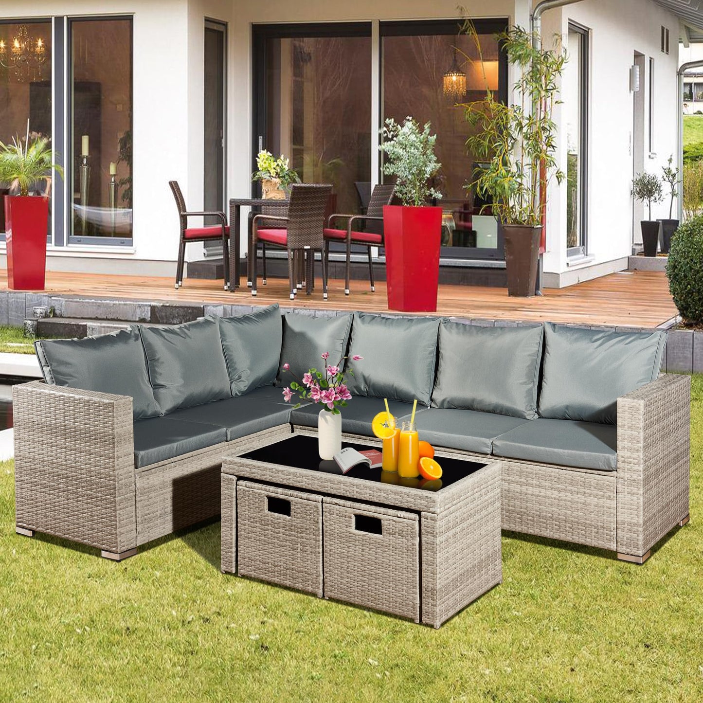 Aweather 8 Seater Rattan Corner Sofa Set Rattan Garden Furniture Set with Modern Glass Coffee Table and Washable Cushions (Gray)