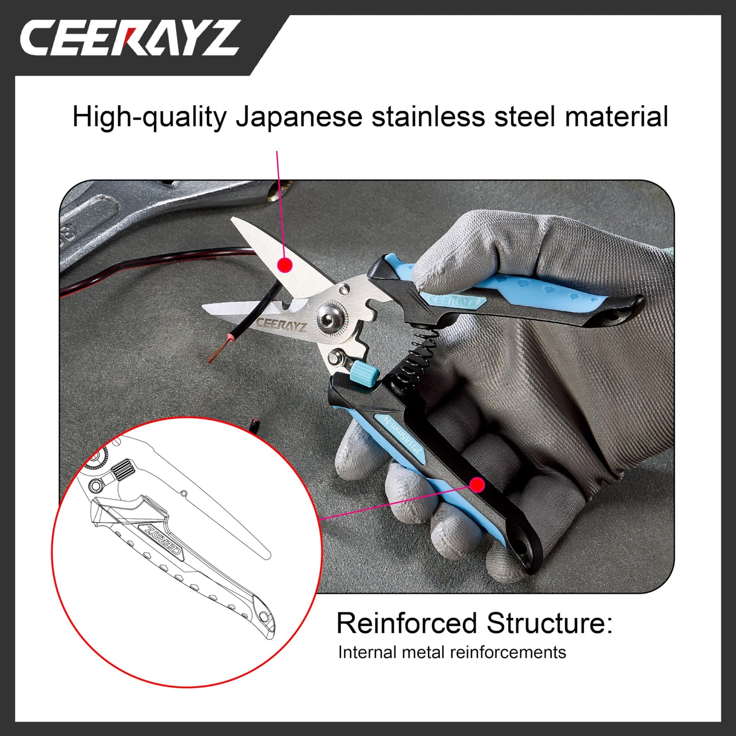 CEERAYZ 185mm Notch Scissors All Purpose Heavy Duty, Garden Shears, Scissors for DIY Projects, Office, Production Lines, Pruning, with Protective Sheath (Black/Blue)