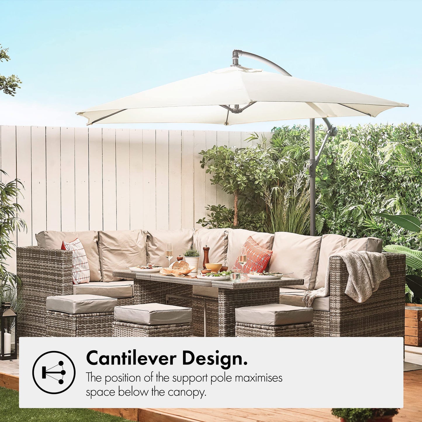 VonHaus Parasol with Base & Waterproof Cover, 3M Cantilever Banana Umbrella for Outdoor, Garden, Patio, Sunshade Canopy with Hand Crank, Tilt & Rotate Function, UV30- Protection, Air Vent, Steel Frame