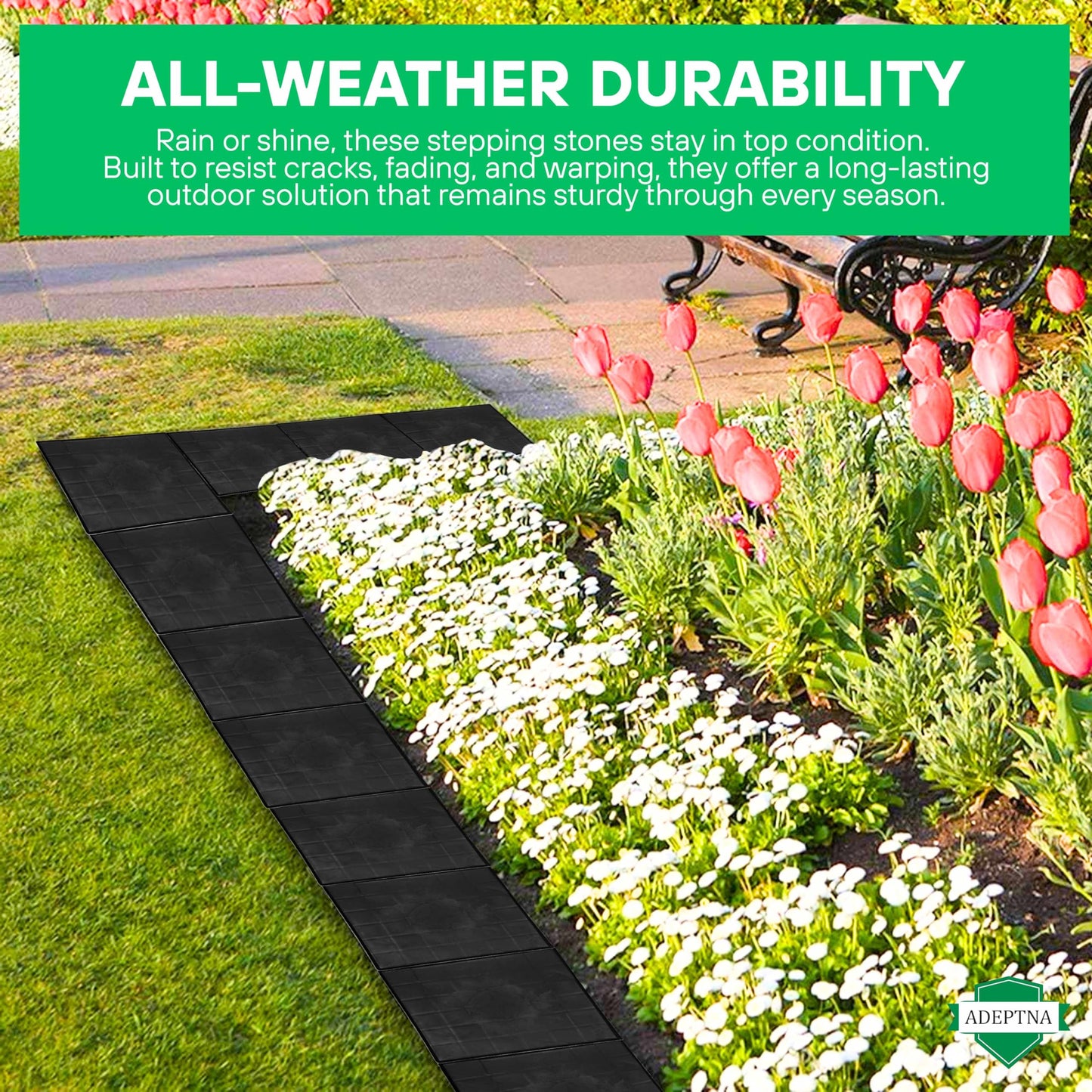 ADEPTNA Pack of 8 Plastic Patio Block Stepping Stones Easy Install, Weatherproof, Lightweight Concrete Effect Paving Slabs Anti-Slip & UV Resistant Square Stones for Outdoor Garden Pathway Patio