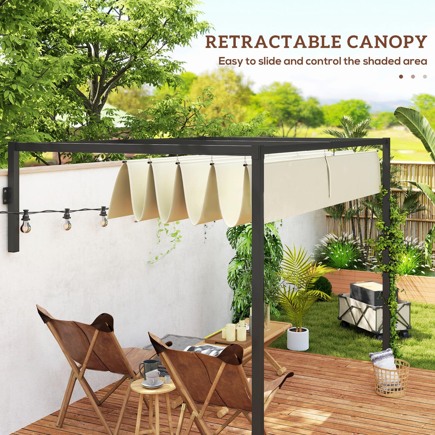 Outsunny 2 x 3(m) Lean To Pergola with Retractable Roof, Wall Mounted Garden Gazebo Outdoor Sun Shade Shelter for Patio, Khaki