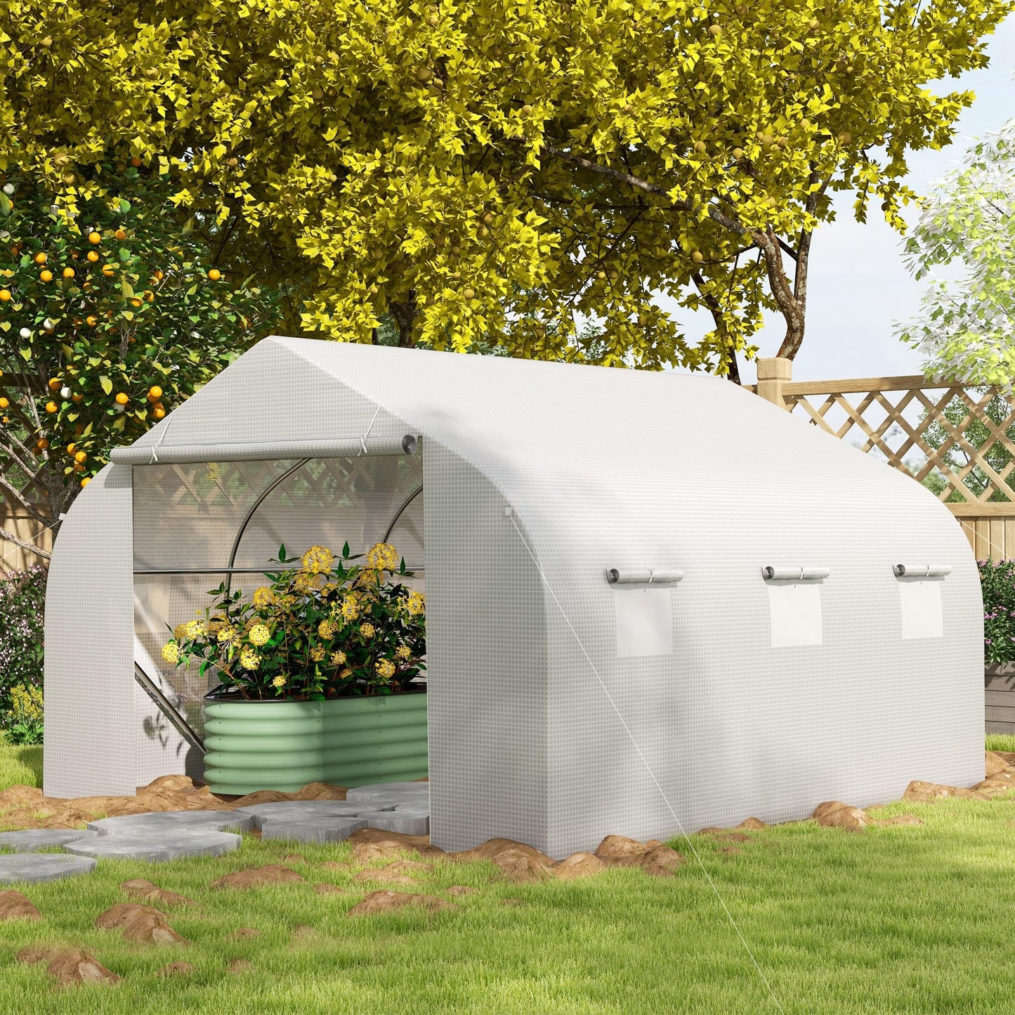 Outsunny Walk-In Polytunnel Greenhouse Warm House Garden Tunnel Shelter Plant Shed with Door and Windows, Galvanised Steel Frame, 3.5 x 3 x 2m, White