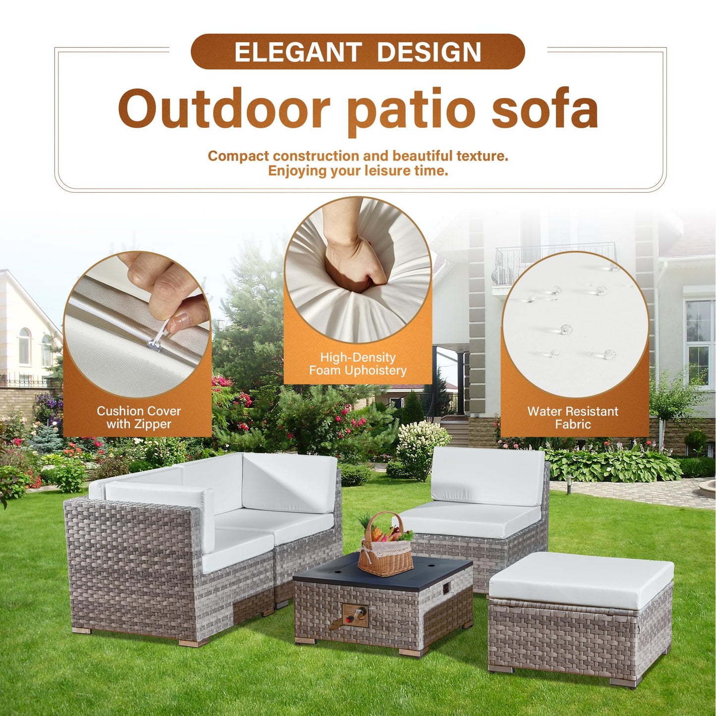 Aweather Rattan Garden Furniture Set with Fire Pit Table 5 Pieces Outdoor Sectional Sofa Set, CSA Certification, All Weather Wicker Patio Conversation Sets for Garden, Poolside, Backyard