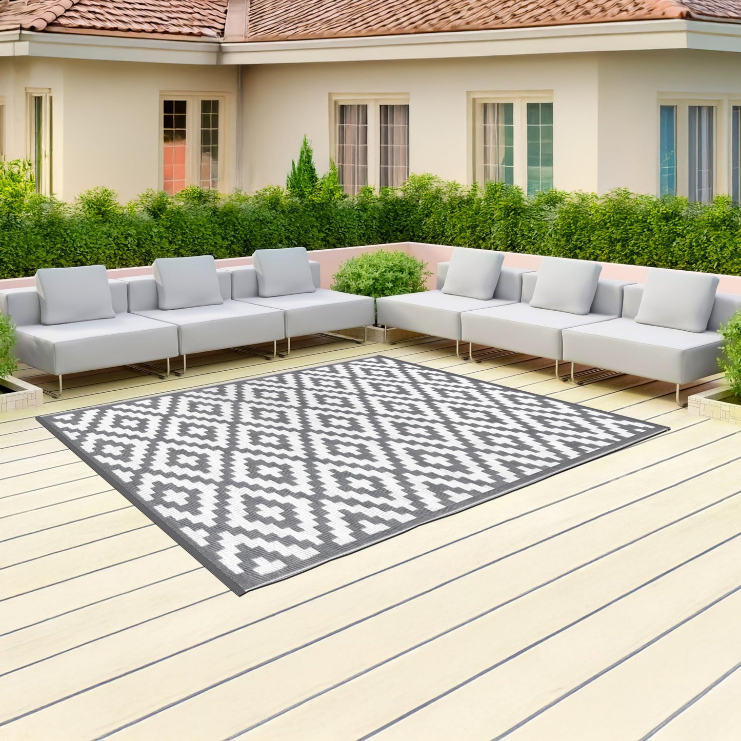 Marco Paul Large Outdoor Garden Rug Reversible Recycled Plastic Camping and Picnic Rugs, Patio, Decking Stain And Water Resistant Alfresco Grey Aztec Mat 150 x 210cm