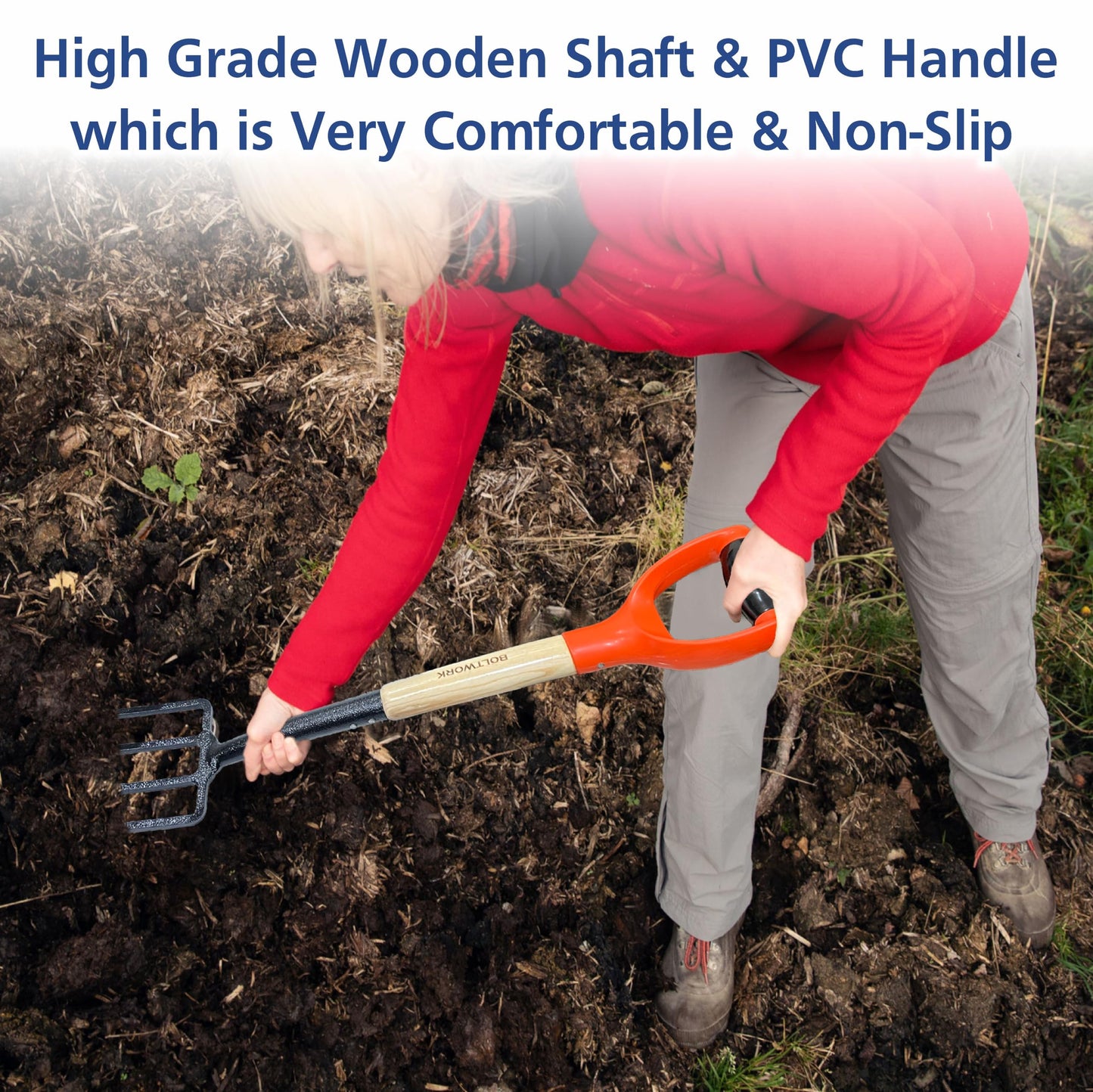 BOLTWORK Shovel & Garden Fork Set Micro 76cm Long For Digging Soil Hardened Fork Heads Blades Wooden Shaft PVC Handle 1% Of Sale Value Will Be Donated To Children’s Hospital