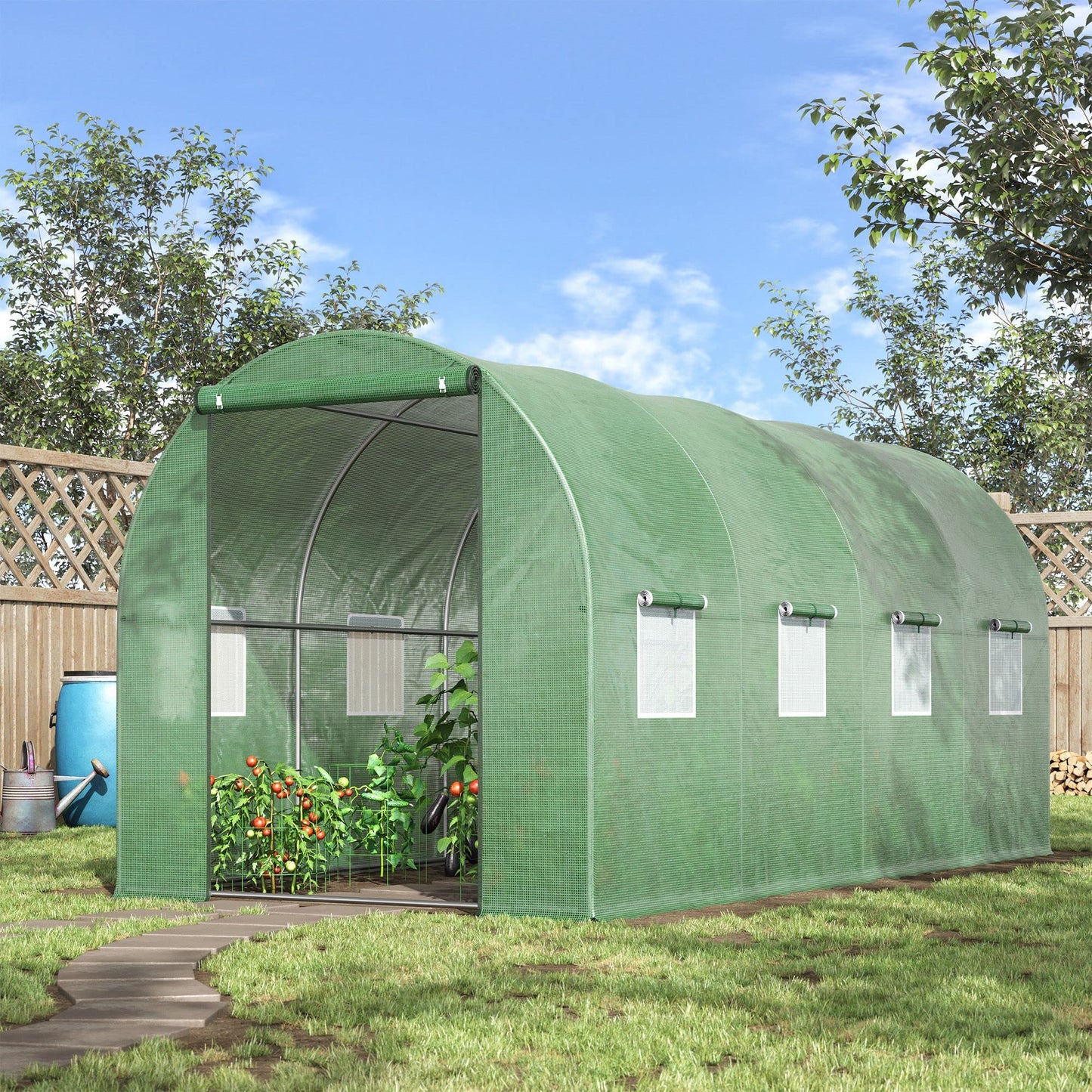 Outsunny Walk-in Polytunnel Greenhouse, Outdoor Garden Tunnel Greenhouse Tent with Zipped Roll-Up Door and 8 Mesh Windows, 4 x 2M