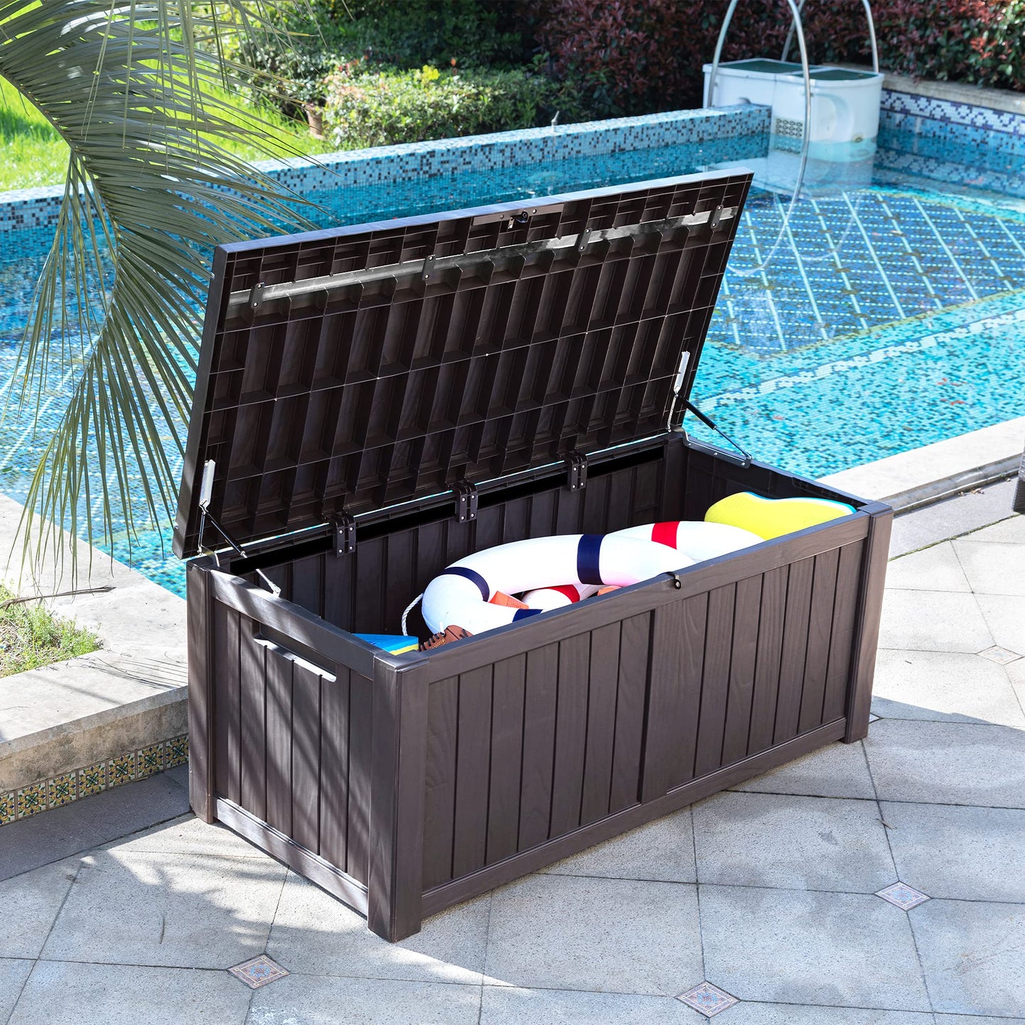 YITAHOME 450L Garden Storage Box Waterproof, Large Outdoor Storage Box with Lid, Lockable Deck Boxes Outdoor Storage Containers for Patio Cushions Garden Tools, Brown, 140 x 66 x 59cm