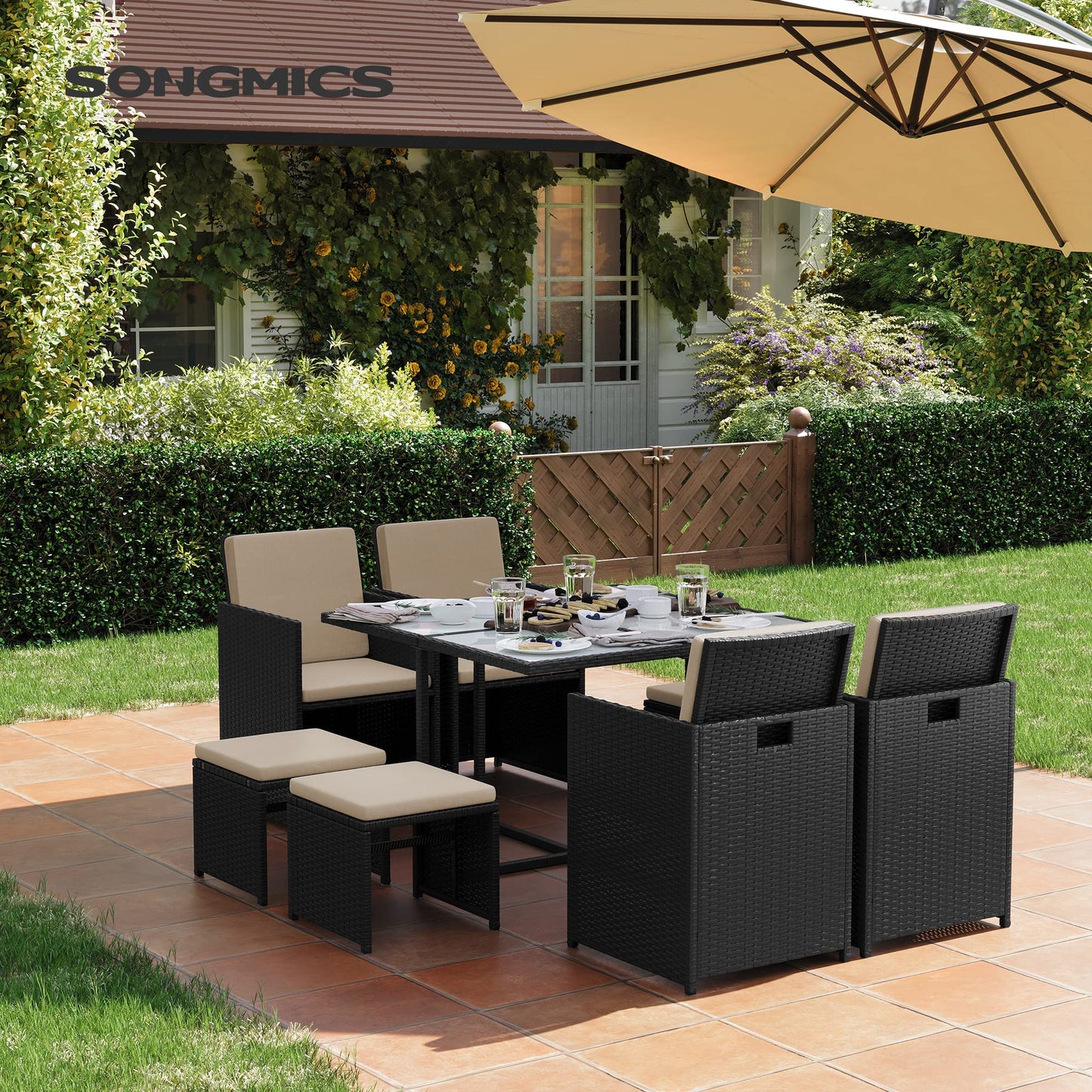 SONGMICS Garden Furniture Set Dining Table and Chairs, Set of 9 PE Rattan Outdoor Patio Furniture, Dining Furniture, Glass Top Coffee Table, with Cushions, Space-Saving, Black and Beige GGF091B02