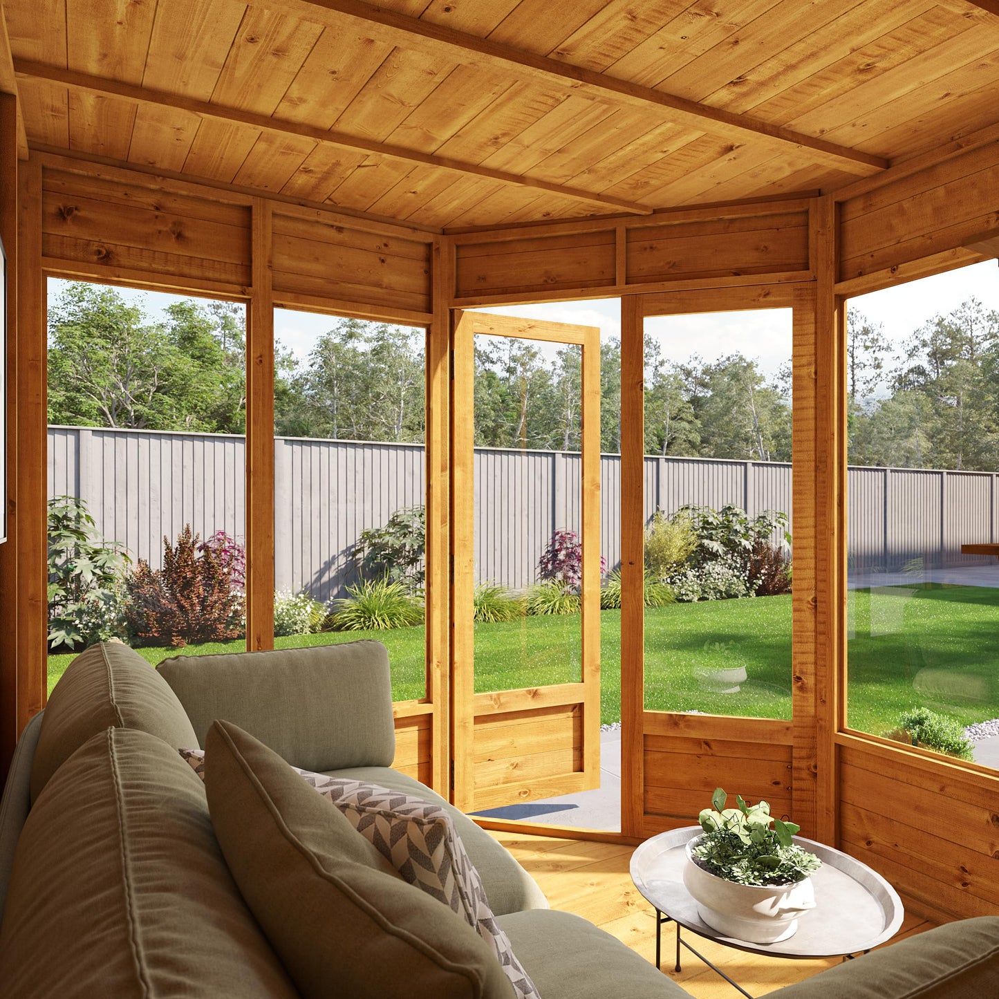 BillyOh Corner Summerhouse Log Cabin with Side Garden Storage Shed 11 x 7 Wooden Summer House Penton Summerhouses 11x7 Spray Treated (Store on Left)