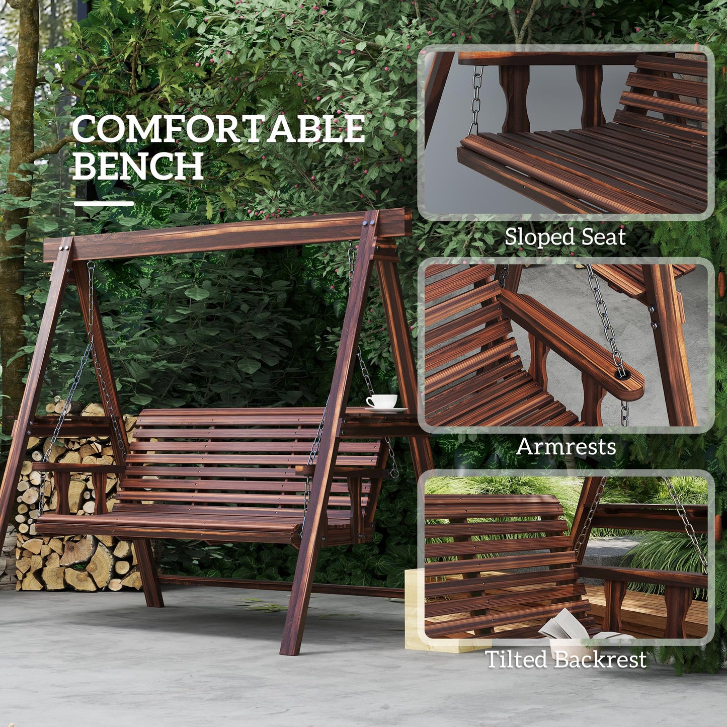 Outsunny 3 Seater Garden Swing Seat, Wooden Swing Chair Bench with Side Tables and Metal Chains, for Outdoor Porch Patio, Carbonised Brown