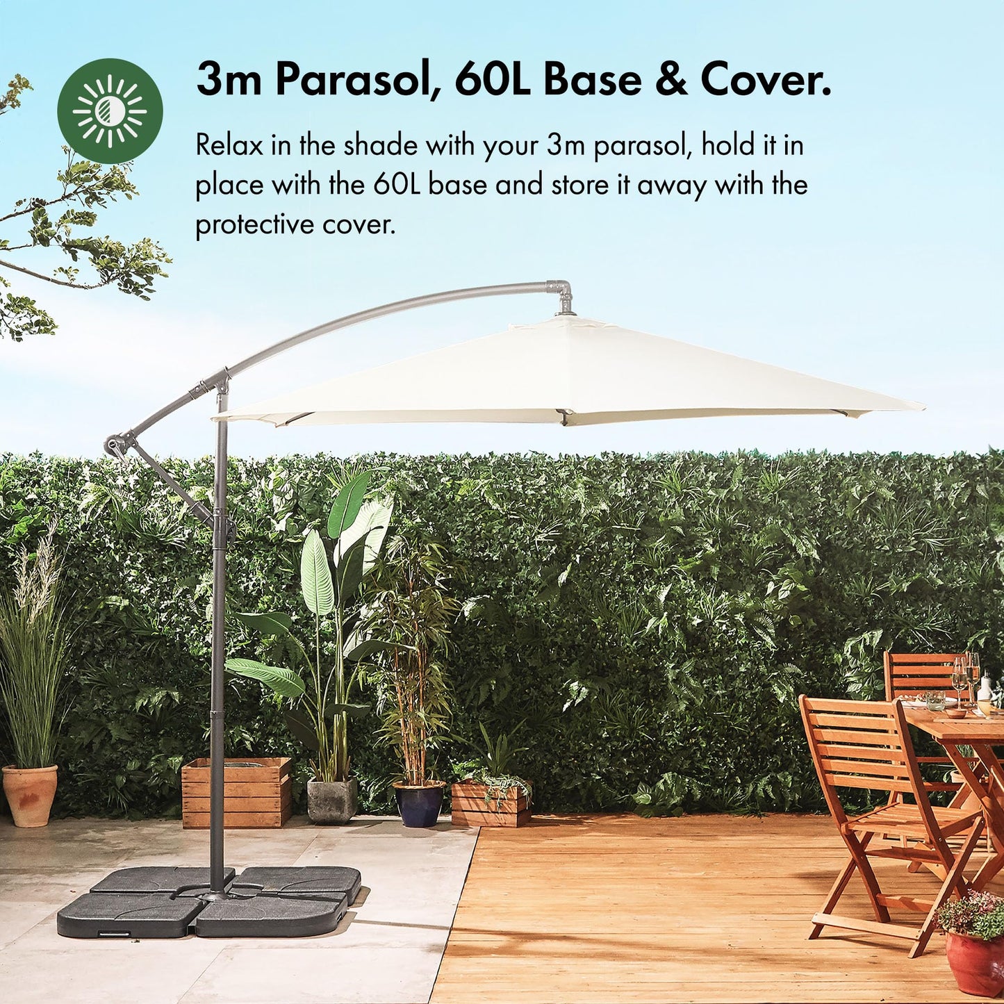 VonHaus Parasol with Base & Waterproof Cover, 3M Cantilever Banana Umbrella for Outdoor, Garden, Patio, Sunshade Canopy with Hand Crank, Tilt & Rotate Function, UV30- Protection, Air Vent, Steel Frame