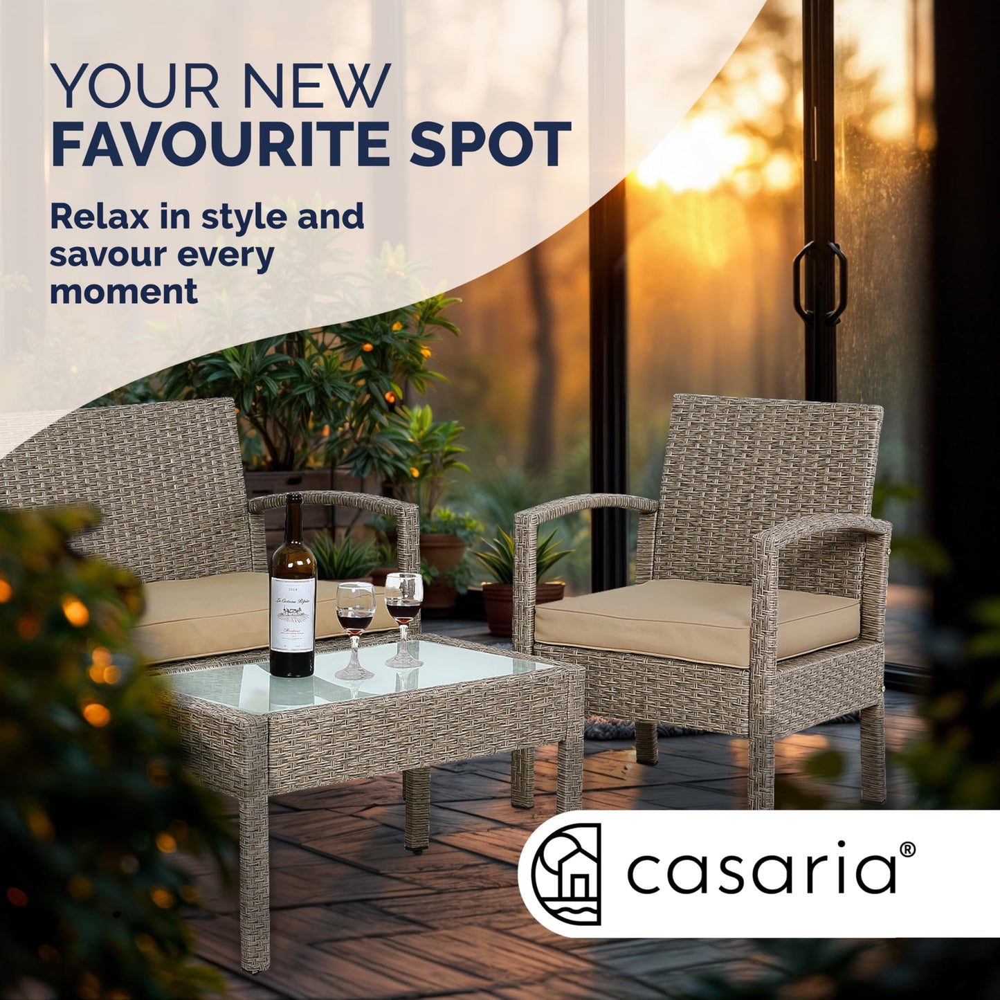 CASARIA® 7pc Weatherproof Polyrattan Garden Furniture Set | Suitable for up to 4 People | Outdoor Patio Seating Group with 2 Armchairs, Bench, 3 Cushions, & Frosted Glass Top Table | Cream