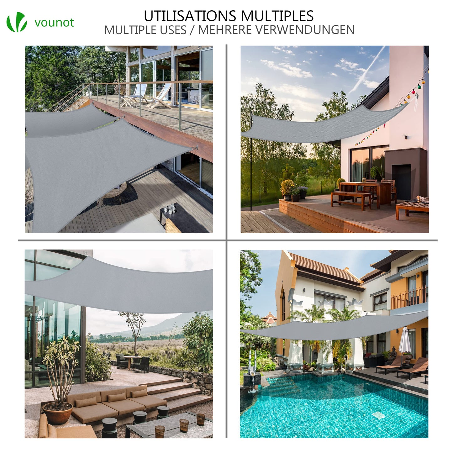 VOUNOT Sun Shade Sail Waterproof Rectangle Sail Canopy With Mounting Ropes for Garden, Patio, Outdoor Sunshades, 3x5m, Grey