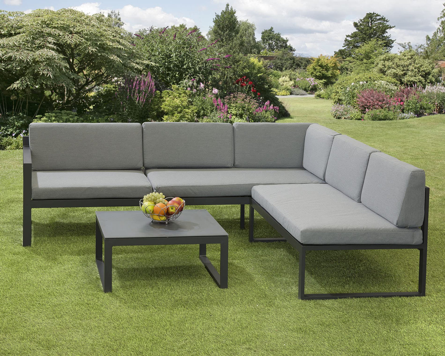 Garden Store Direct Sydney Aluminium Large Corner Lounge Set w/Textured Glass Coffee Table. Convertable Into Sunlounger. Ready Assembeled, Unpack & Enjoy!