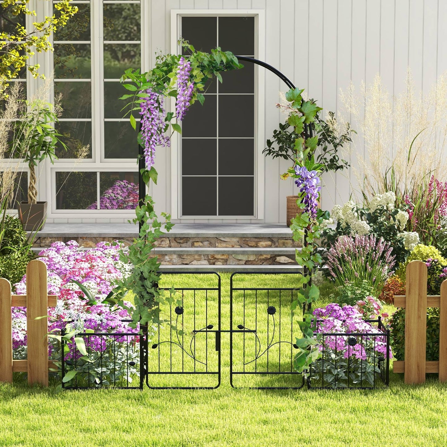 COSTWAY Garden Arch with with Gate and Planter Boxes, 2.2M Metal Pergola Arbor Trellis for Climbing Plant Rose Vines, Plants Support Archway for Lawn Backyard Party Wedding