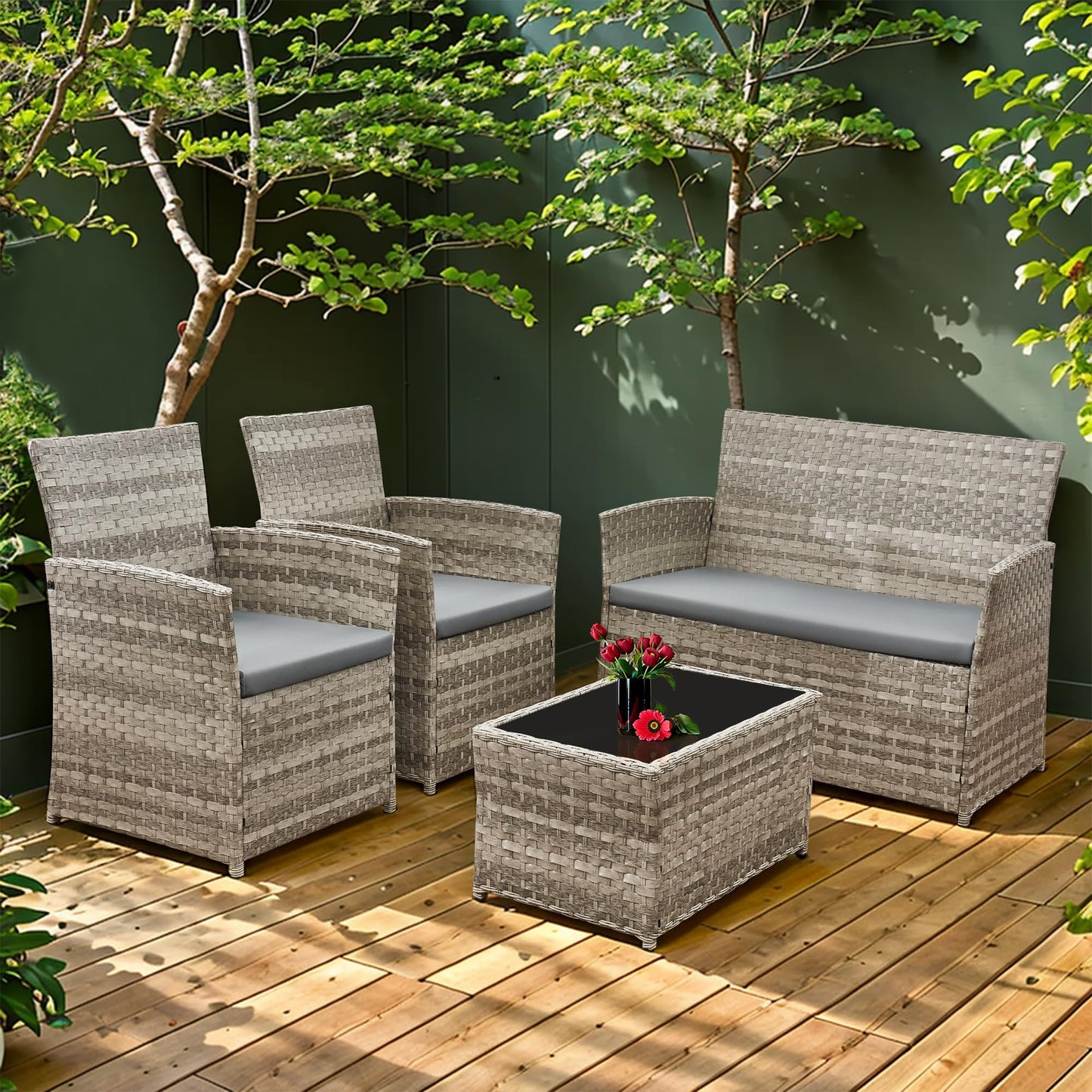 Aweather Rattan Garden Furniture Set Patio Conservatory Balcony Indoor Outdoor 4 Seater Piece Glass Top Coffee Table Modular Sofa Loveseat with Cushions