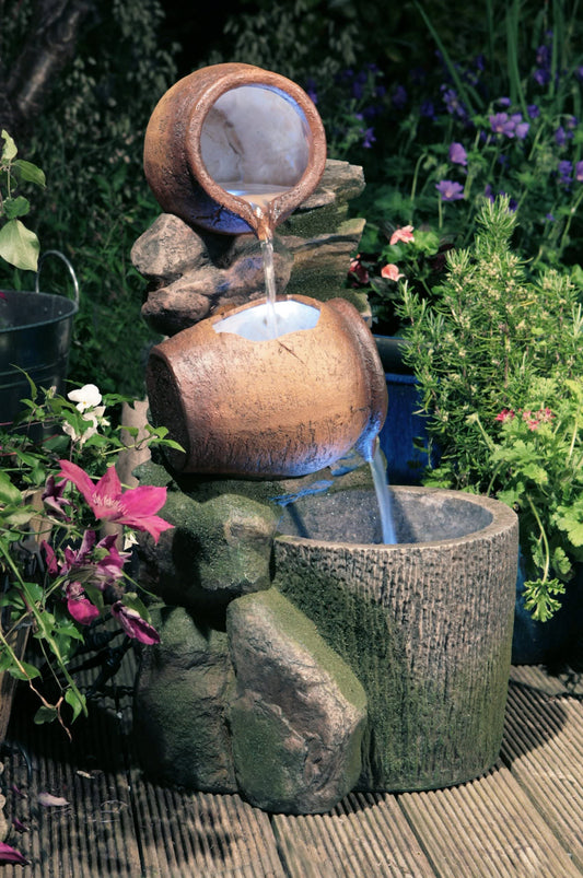 Primrose 68cm Cottage Honey Pots & Barrel Self Contained Rustic Outdoor Water Feature with LED Lights