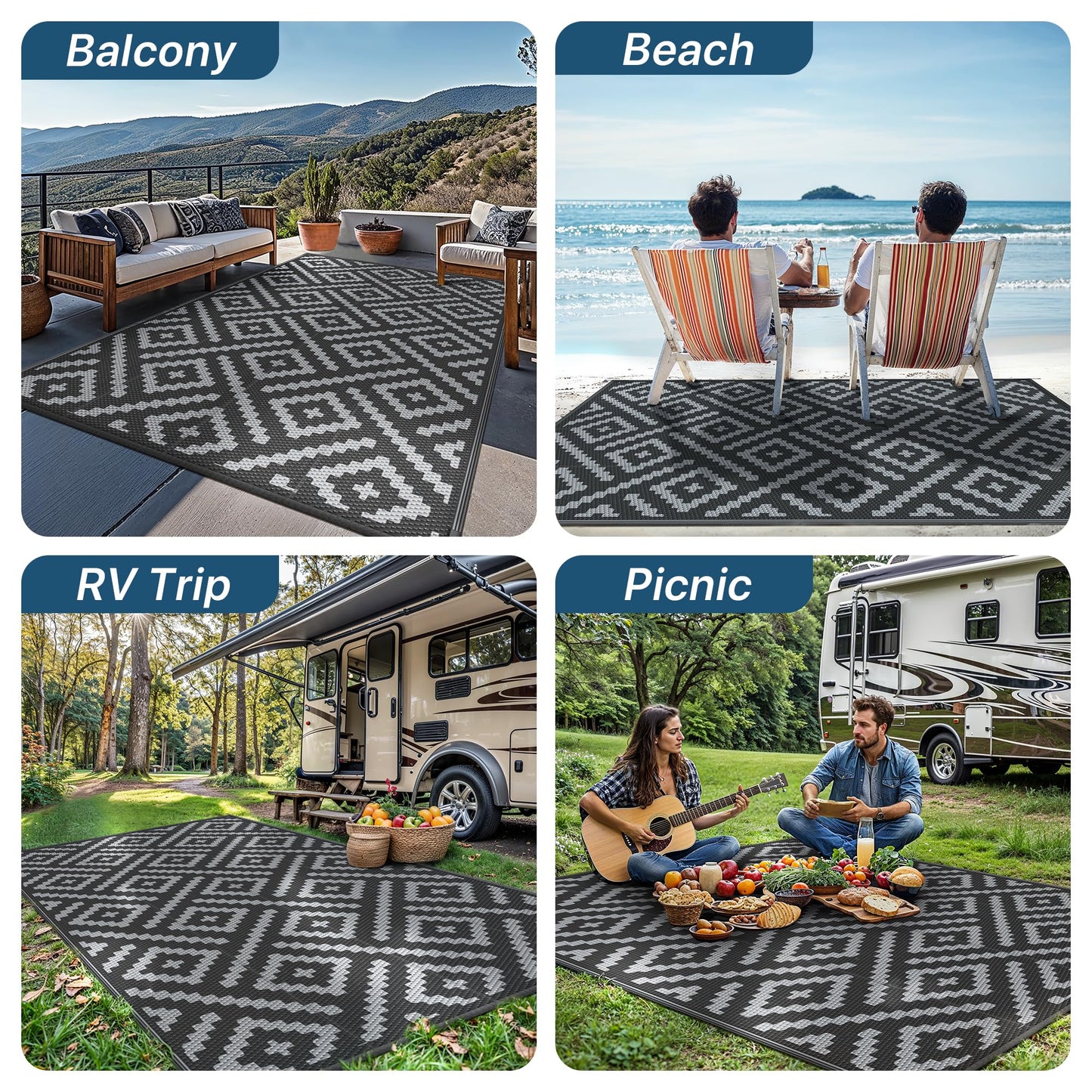 GENIMO Outdoor Rug Garden Rugs Waterproof Reversible Recycled Outdoor Carpet Washable UV Resistant Modern Area Rugs for Patios, Picnic, Backyard, 120 * 180cm, Black & Grey