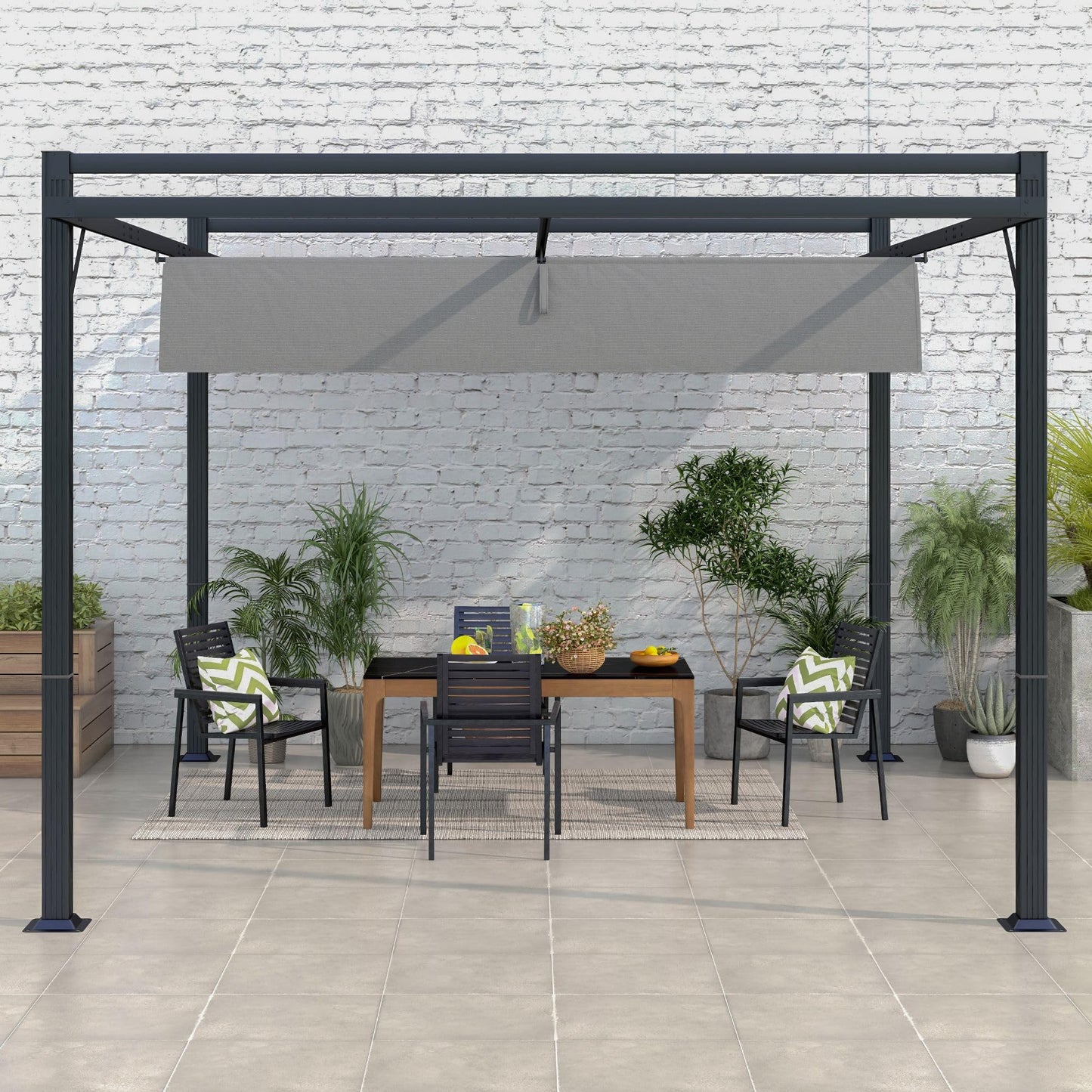 Outsunny 3 x 4m Pergola with Retractable Roof Canopy, Aluminium Frame Garden Gazebo Outdoor Sun Shade Shelter for Grill, Patio, Deck, Dark Grey