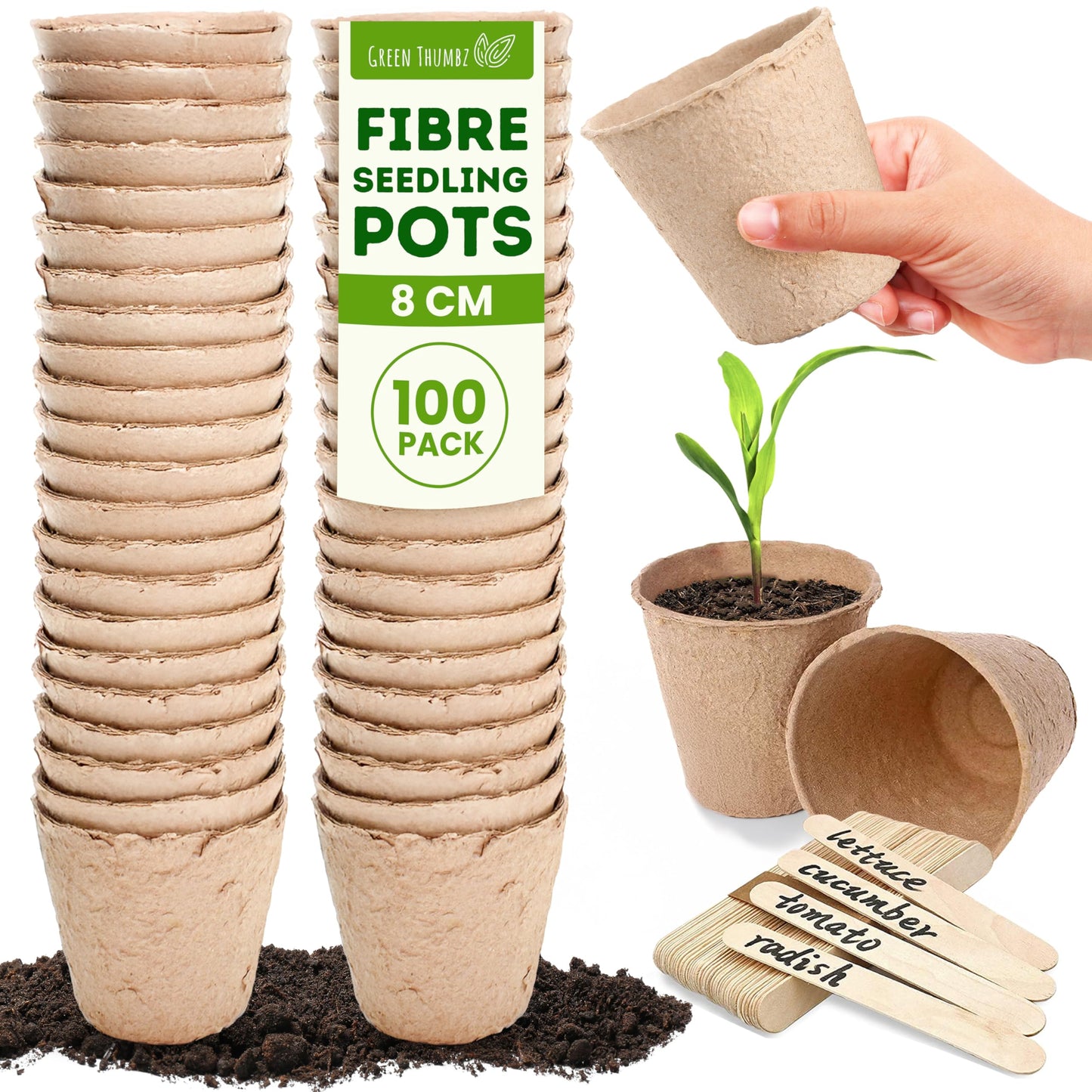 Green Thumbz Plant Pots - 100 Pack (8cm) Fibre Pots for Seedlings with Wooden Labels for Easy Transplanting - Large Plant Pots for Seedlings, Vegetables, Flowers and Herbs