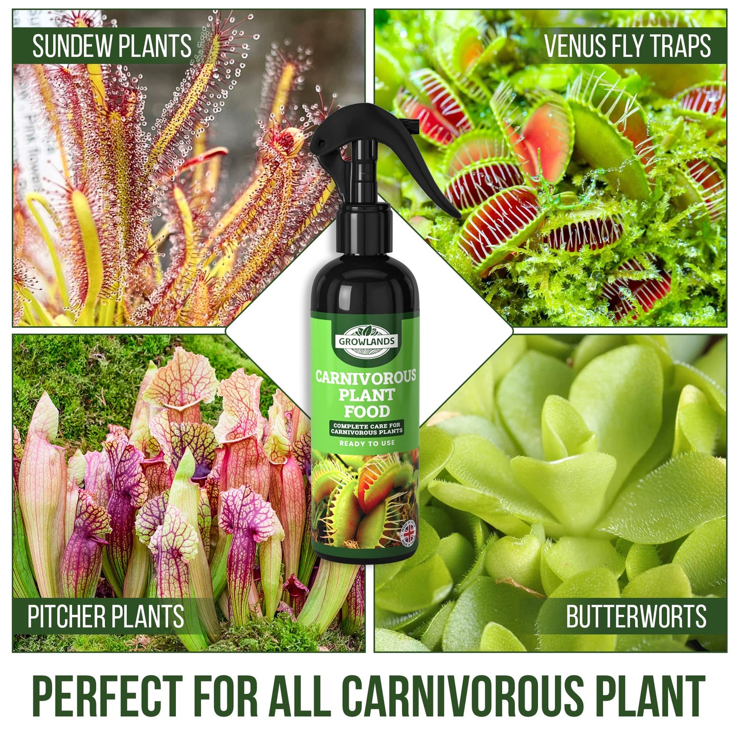 Growlands Carnivorous Plant Food Spray - 300 ml Plant Fertilizer - Designed for all Carnivorous Plants - Venus Fly Trap Plant Food, Sundew Food, Pitcher Plant Food - Ready to Use Spray