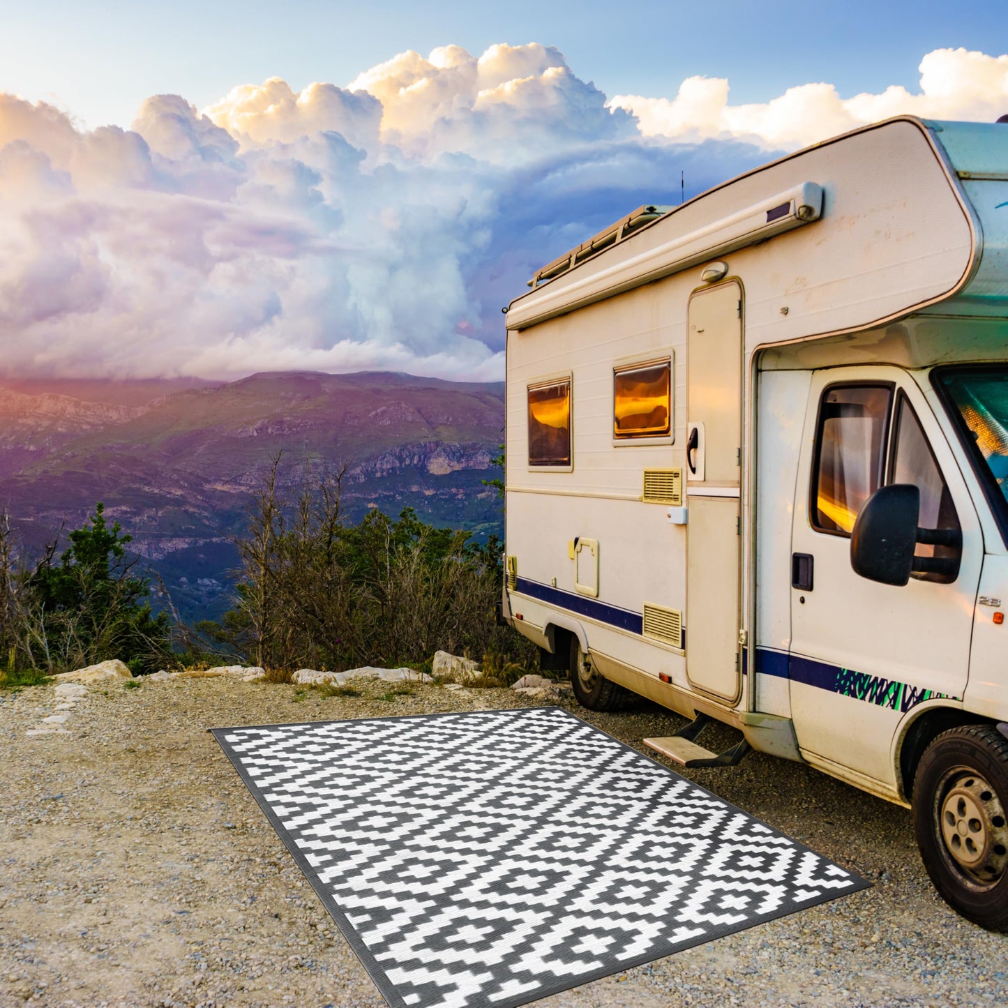 Marco Paul Large Outdoor Garden Rug Reversible Recycled Plastic Camping and Picnic Rugs, Patio, Decking Stain And Water Resistant Alfresco Grey Aztec Mat 150 x 210cm