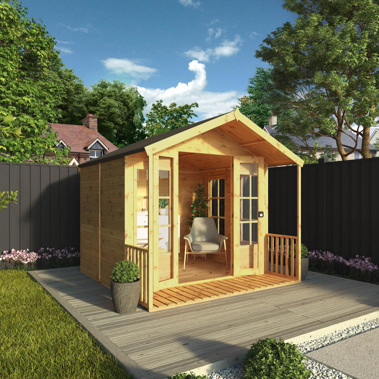 WALTONS | 8 x 8 Wessex Summerhouse with Veranda | Apex Roof | 12mm Shiplap Tongue and Groove | Wooden Garden Room Summerhouse | 10 Year Anti Rot Guarantee | 8 x 8 | 8ft 8ft |