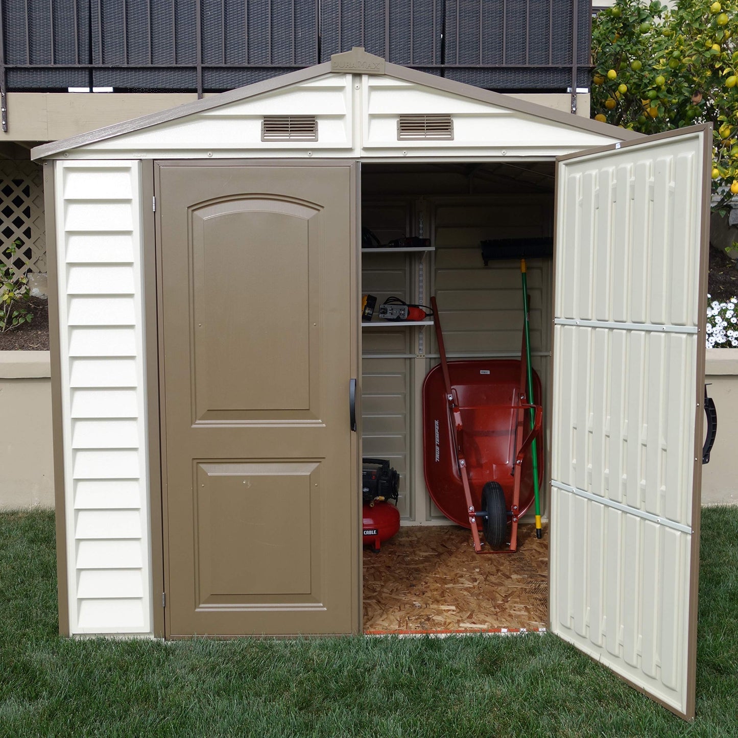 Duramax StoreAll 8 x 6 (4.12 m2) Plastic Garden Storage Shed with 1 Fixed Window & Metal Foundation Kit, Strong Metal Roof Structure Fire Retardant and Maintenance-Free Storage Shed - Ivory/Brown