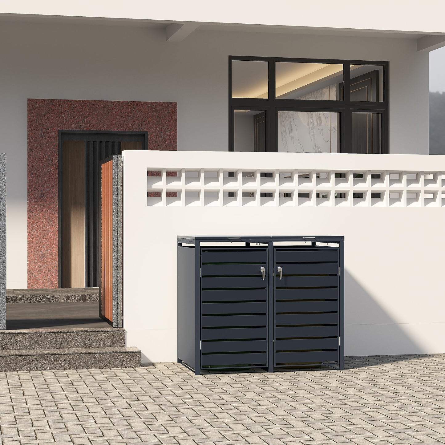 DWD Garden Double Wheelie Bin Hideaway 120L,240L Waste Bin,Storage Shed w/Locking Doors Assisted lift up Lid easy use Outdoor Hygienic Dustbin Cover Powdercoated Steel Matt Grey/Grey Slatted Doors
