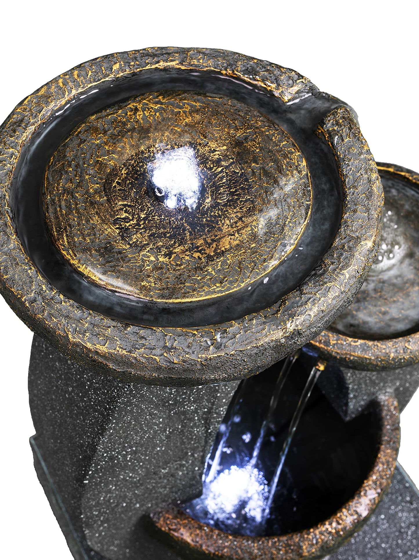 MDA Designs Shinto Outdoor 3-Tier Water Feature - Cascading Bowls with LED Lights Tranquil Waterfall Effect Garden Fountain