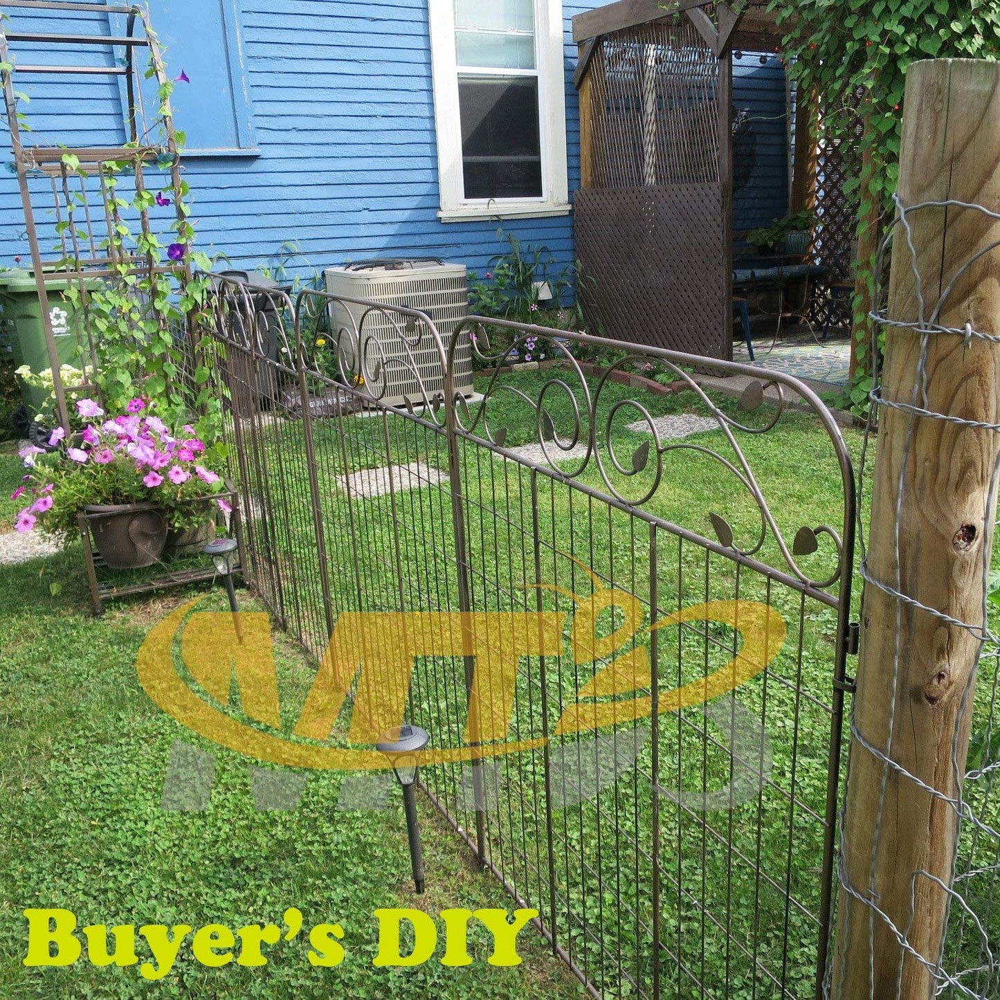 MTB Black Coated Metal Side Outdoor Patio Gate Steel Decorative Garden Fence Panel 112cm Hx 91cm W (4 Pack, Linear Length 12 feet) 8 Leaves, Metal Border Folding Fence