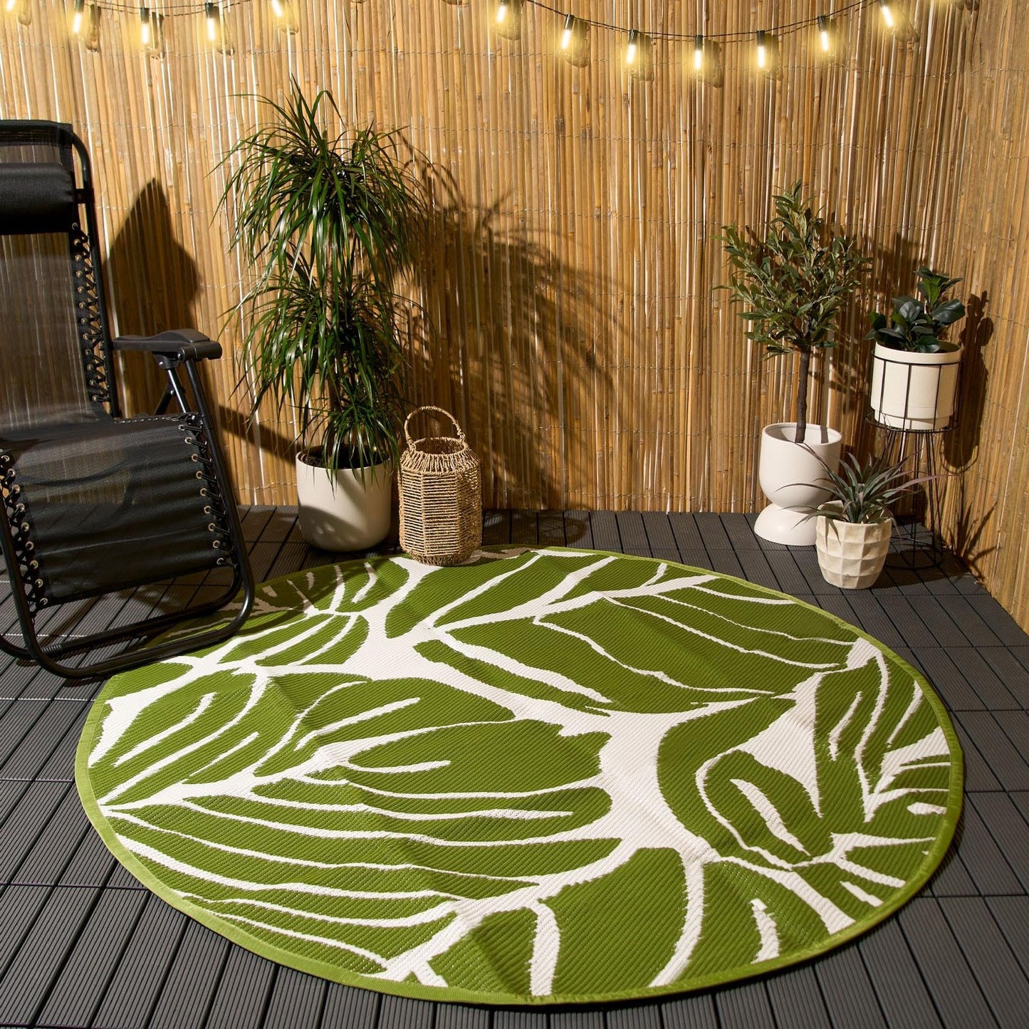Dreamscene Outdoor Rugs for Garden Palm Tree Leaf, Green Round Outdoor Rug Garden Mats Water Resistant Foldable Easy Storage Summer Patio Decking Reversible, 170cm