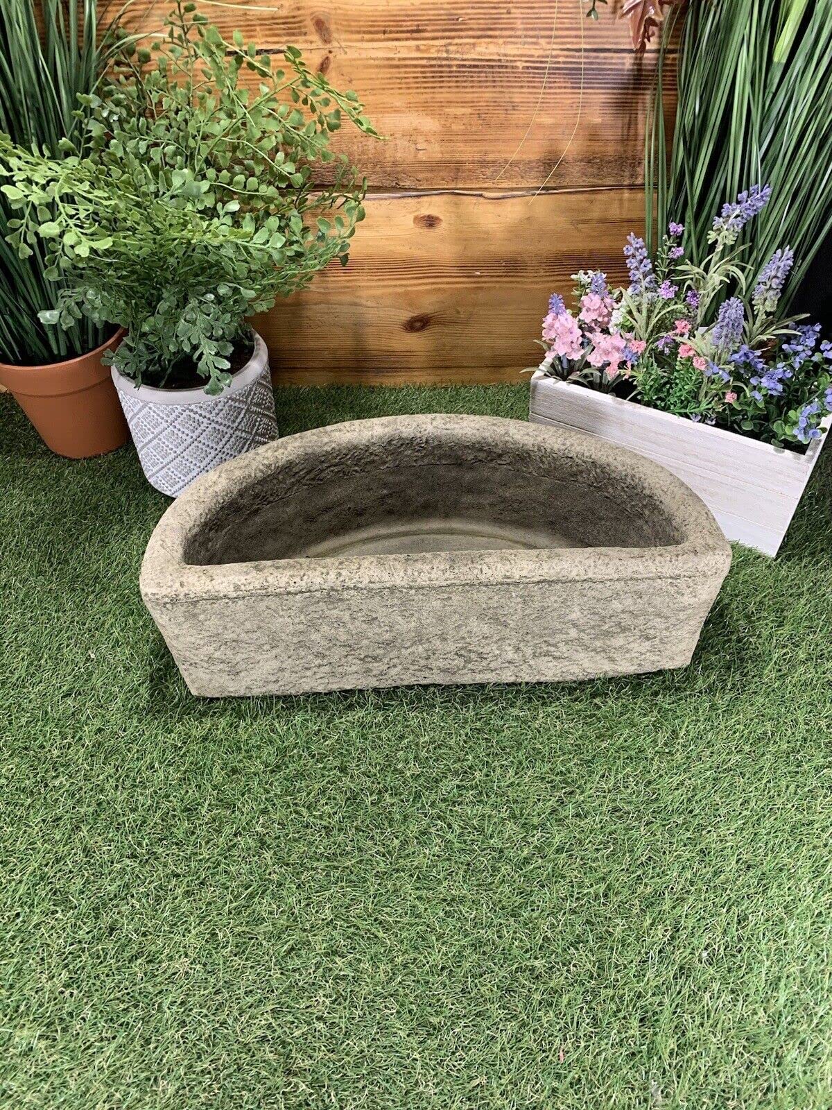 Zewool Semicircular Stone Half Circle Planter Pot Ornament, Antique Gray, 16" x 8" x 5.5", Outdoor, Garden Style