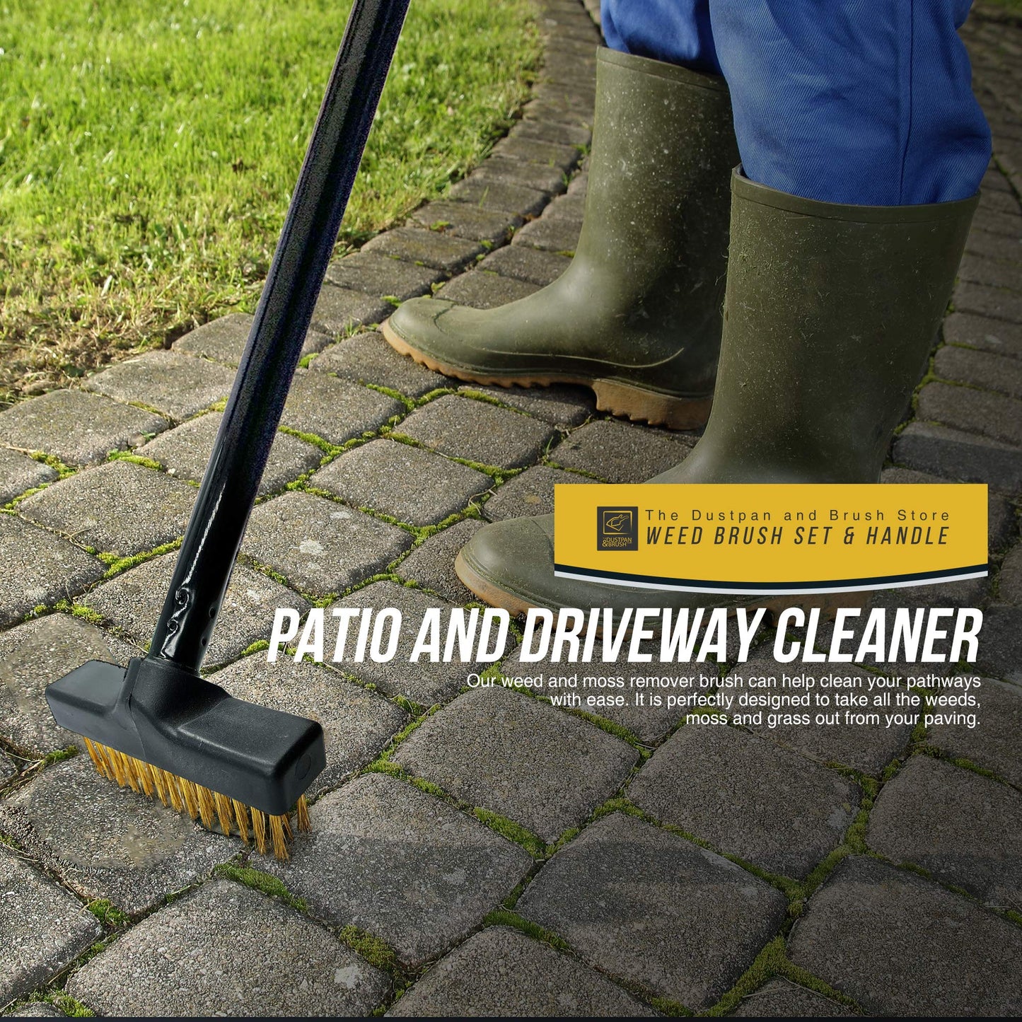 Patio Weed Remover Tool, Twin Pack Long Handle Weed Brush Set with Angled Paving Brush and Wire Broom to Remove Weeds and Moss Build-Up from Patio, Block Paving and Driveway (Complete Weed Brush Set)