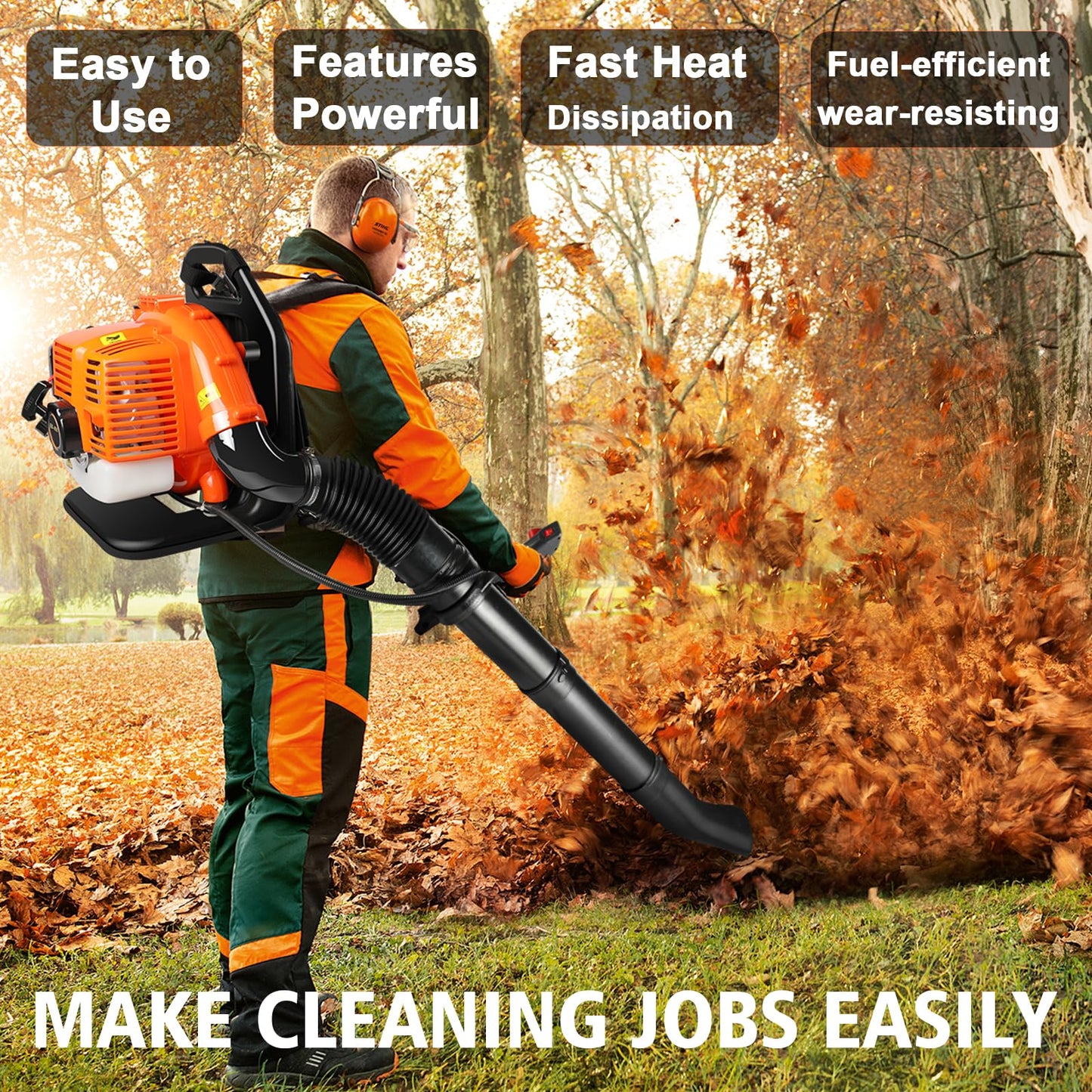 LabTEC 2 Stroke Gas Powered Leaf Blower, 43CC Petrol Backpack Leaf Vacuum, Speed-adjusted Cordless Garden Blower for Cleaning Patios Leaves Grass Cutting Blowing Shredding Dusting Snow Removing