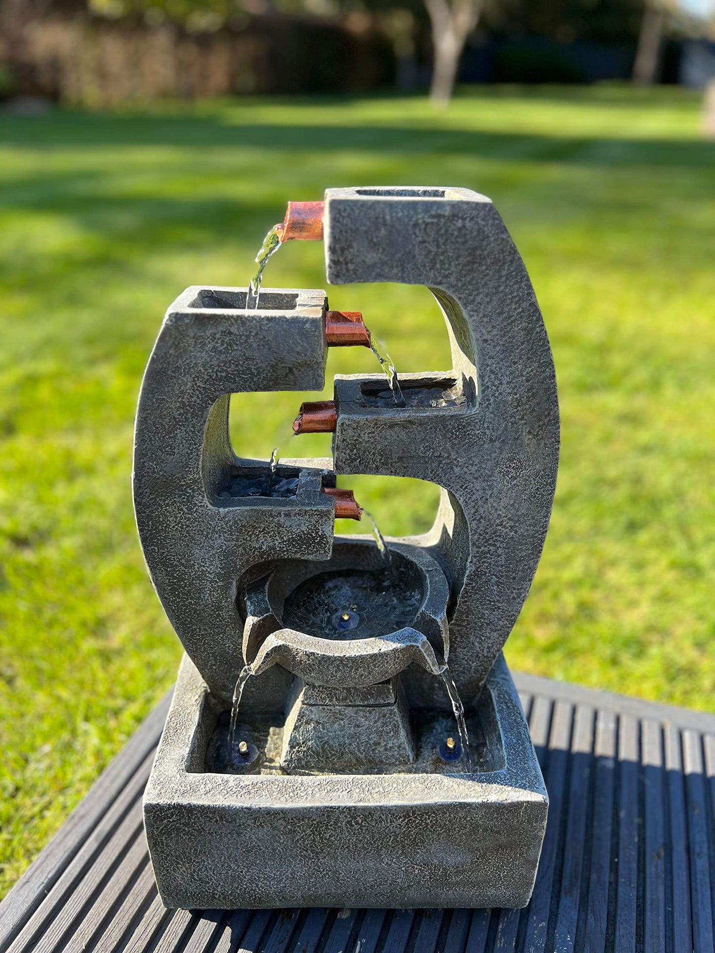 allpondsolutions Outdoor Self Contained 5 Tier Water Feature with LED Lights - Solar Powered 27.5x18x48cm