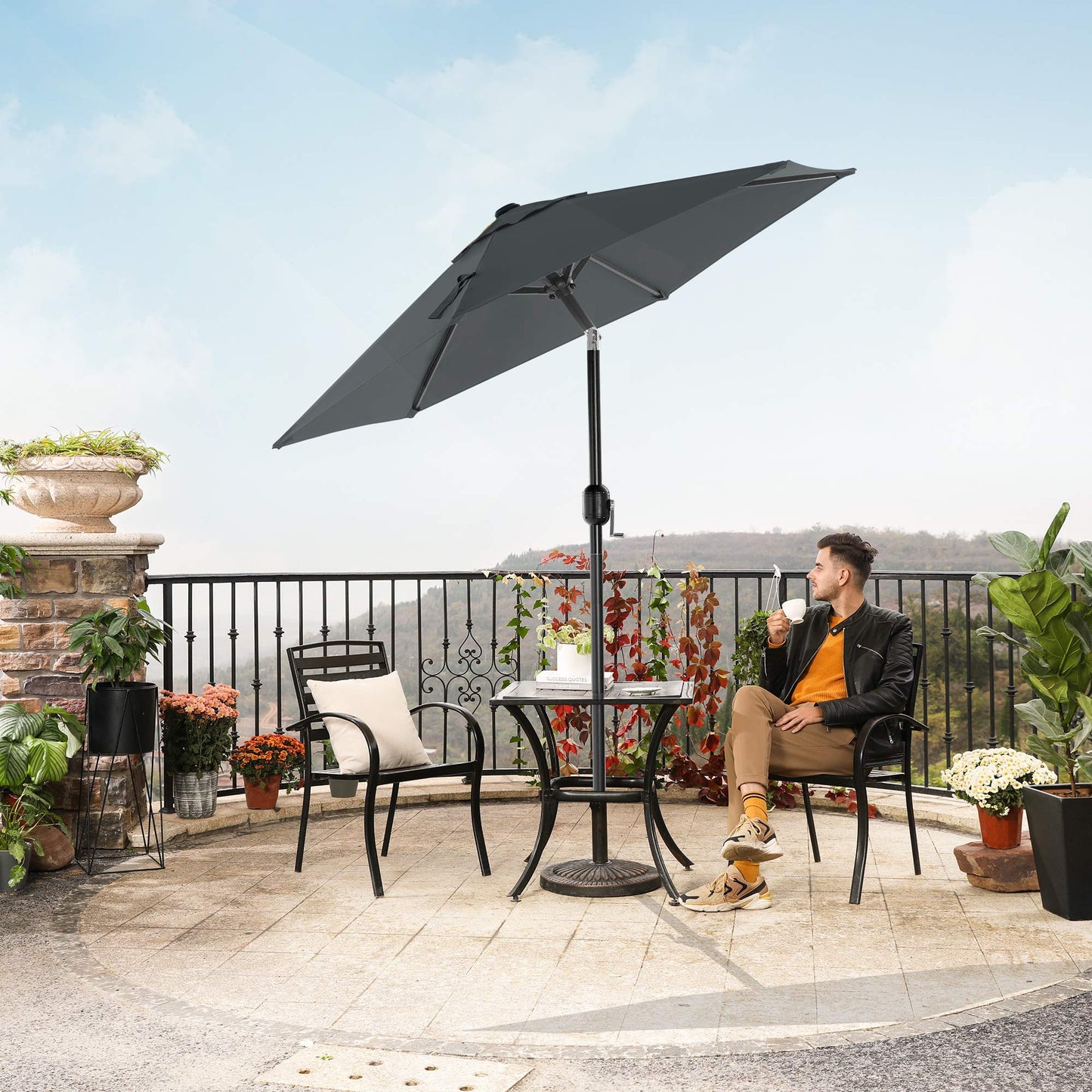 SONGMICS 2.1 m Garden Parasol Umbrella, UPF 50-, Sun Shade, 30° Tilt in 2 Directions, Crank Handle for Opening and Closing, for Outdoor Gardens Pool Balcony Patio, Base Not Included, Grey GPU202G01