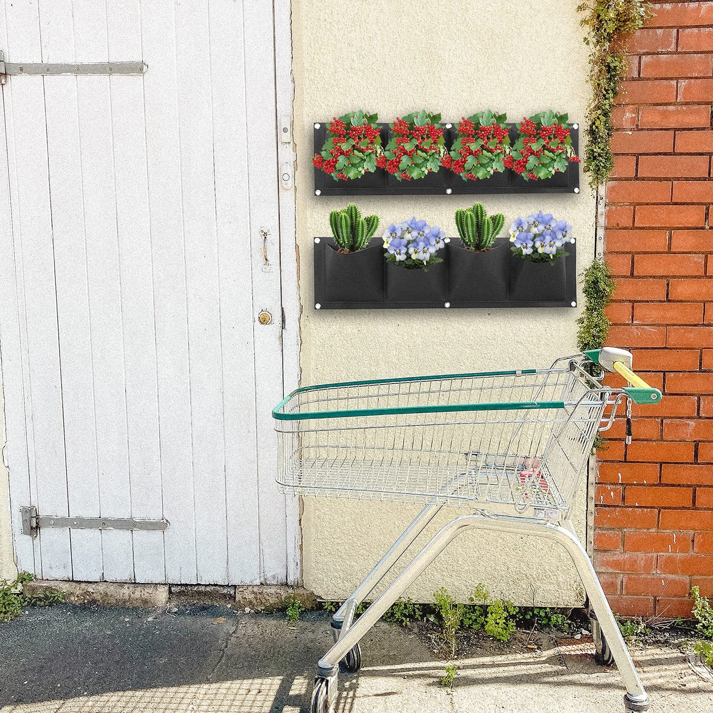 Ohiyoo Hanging Planter 2 Pack 4 Pocket Hanging Vertical Wall Planter Planting Grow Bags Gardening Vertical Greening Flower Container Storage Bags Planting Bag (Black)