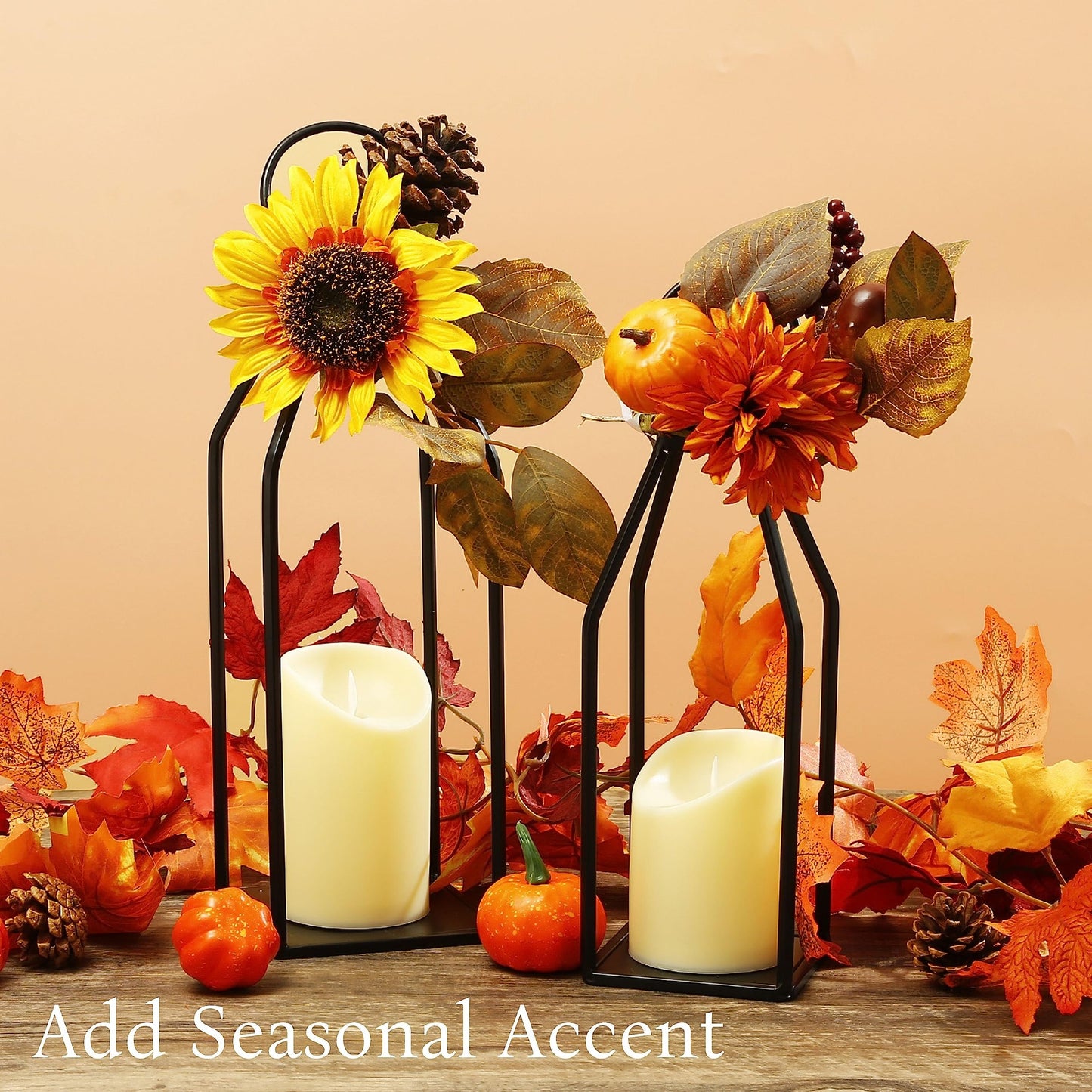 Perfnique Modern Farmhouse Lantern Decor, 15'' 13'' Set of 2 Black Metal Lanterns, 2 LED 6hr Timer Flickering Flameless Candles, Lanterns Decorative for Outdoor Decor, Home, Indoor, Patio (Black)