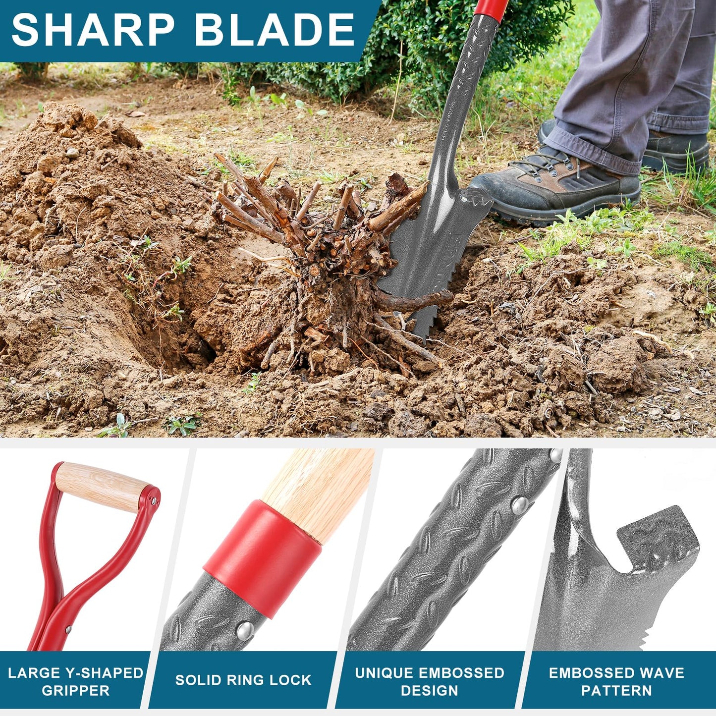 HANTOP Digging Spade Shovel Drain Spade Square Point Shovel Transplanting Spade Trenching Shovel, 44 inches