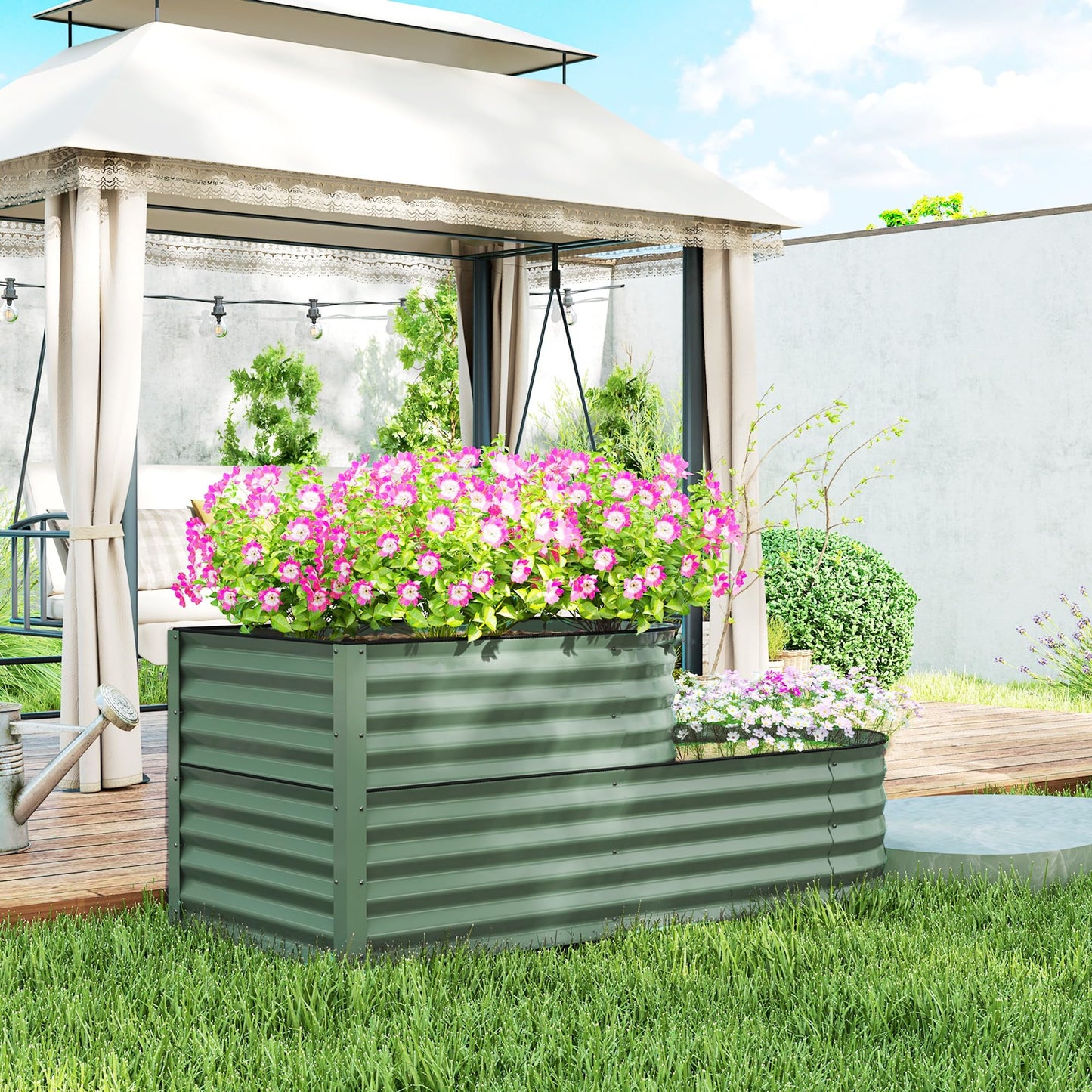 Outsunny 2-Tier Raised Garden Bed, Outdoor Galvanised Planter Box with Safety Edging and Gloves, Metal Raised Bed with Open Bottom for Vegetables, Flowers, Fruits and Herbs, Light Green